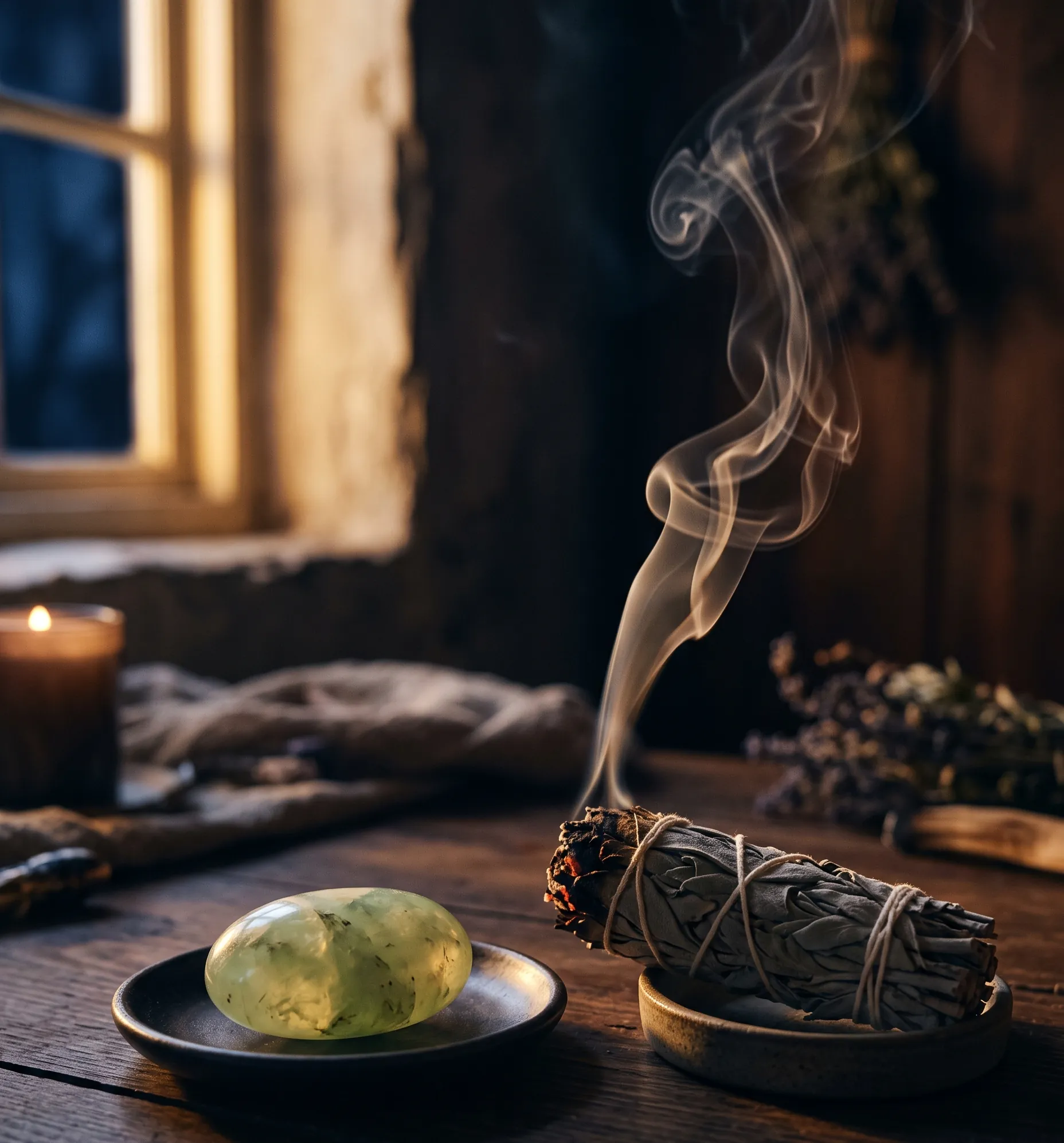 Nature morte apaisante avec une pierre verte et de la sauge pour soulager les tensions émotionnelles.
