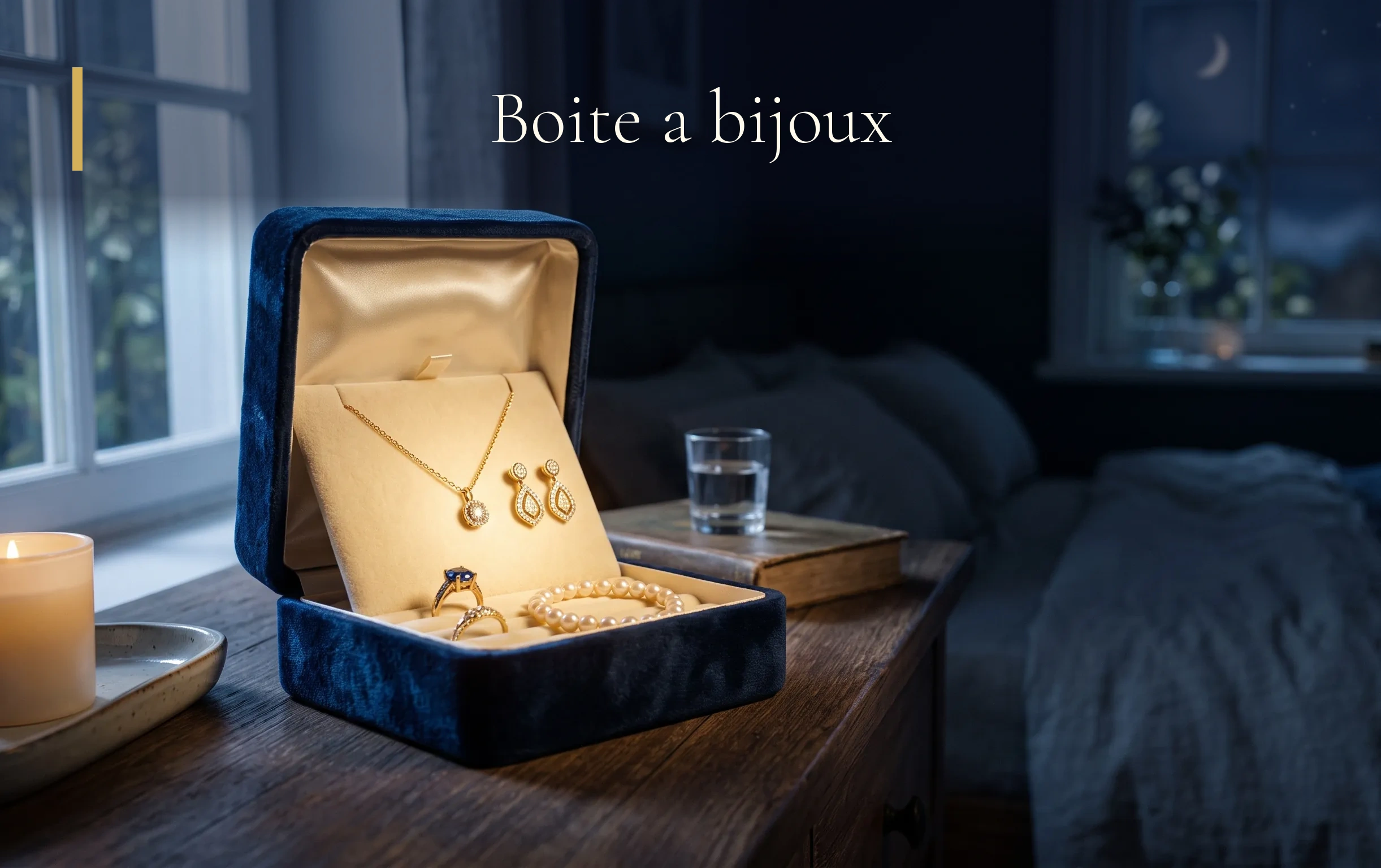 Une élégante boîte à bijoux en velours s ouvre délicatement sous un halo lunaire