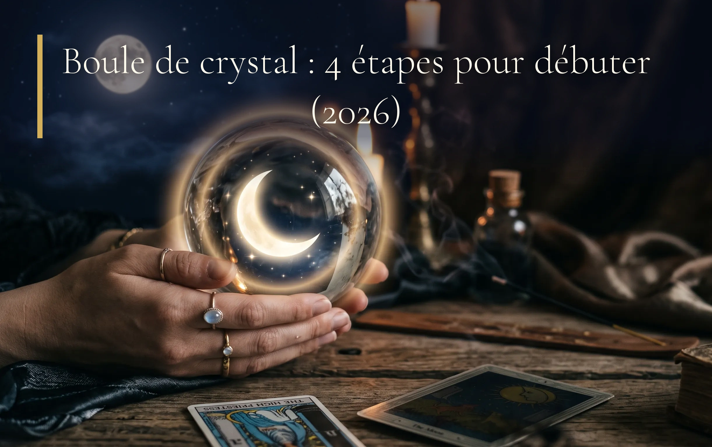 Une sphère de cristal transparente posée sur un support en bois sous une douce lumière lunaire