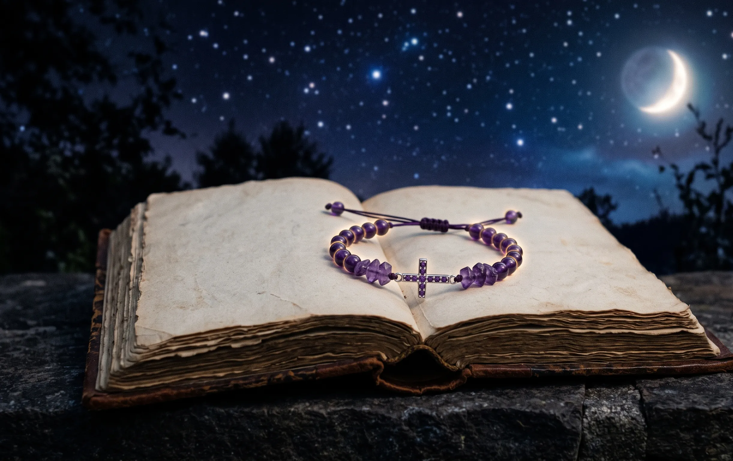 Bracelet croix en améthyste posé sur un livre ancien baigné d'une lueur lunaire mystique.