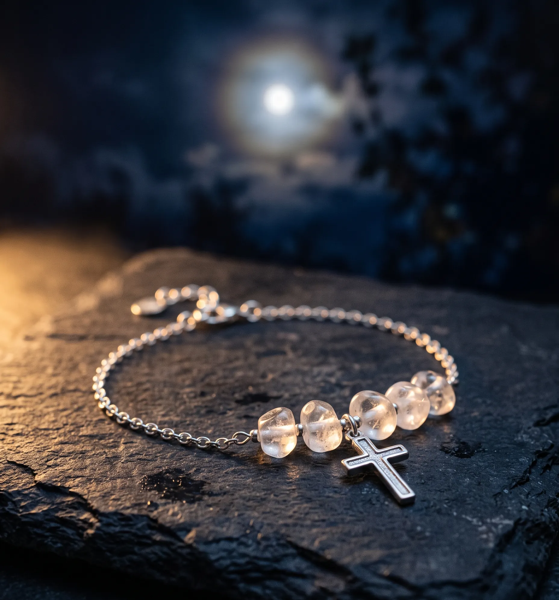 Bracelet croix en argent et cristaux de roche illuminés par un halo lunaire.