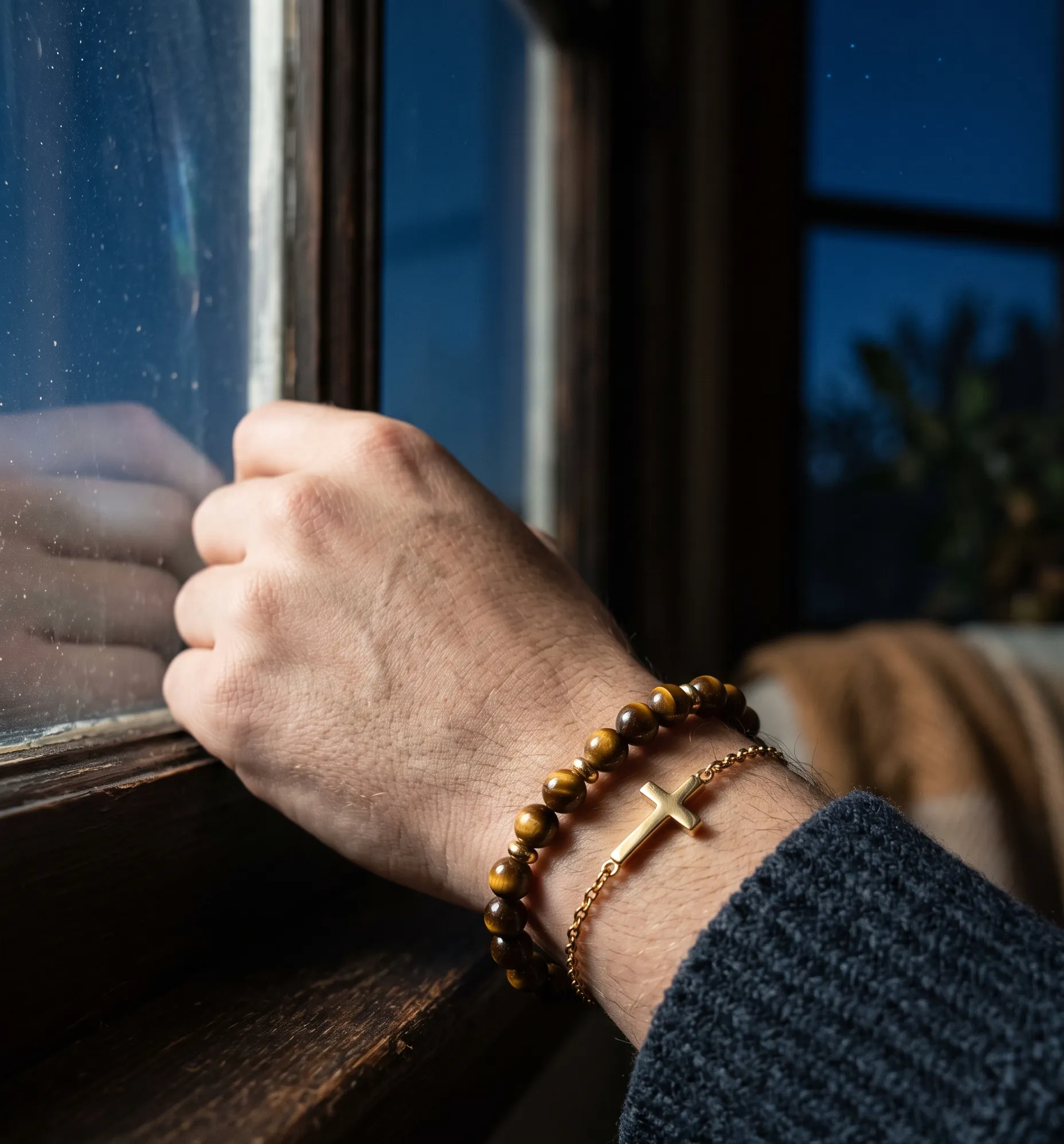 Poignet portant un bracelet croix en œil de tigre dans une ambiance chaleureuse et lunaire.