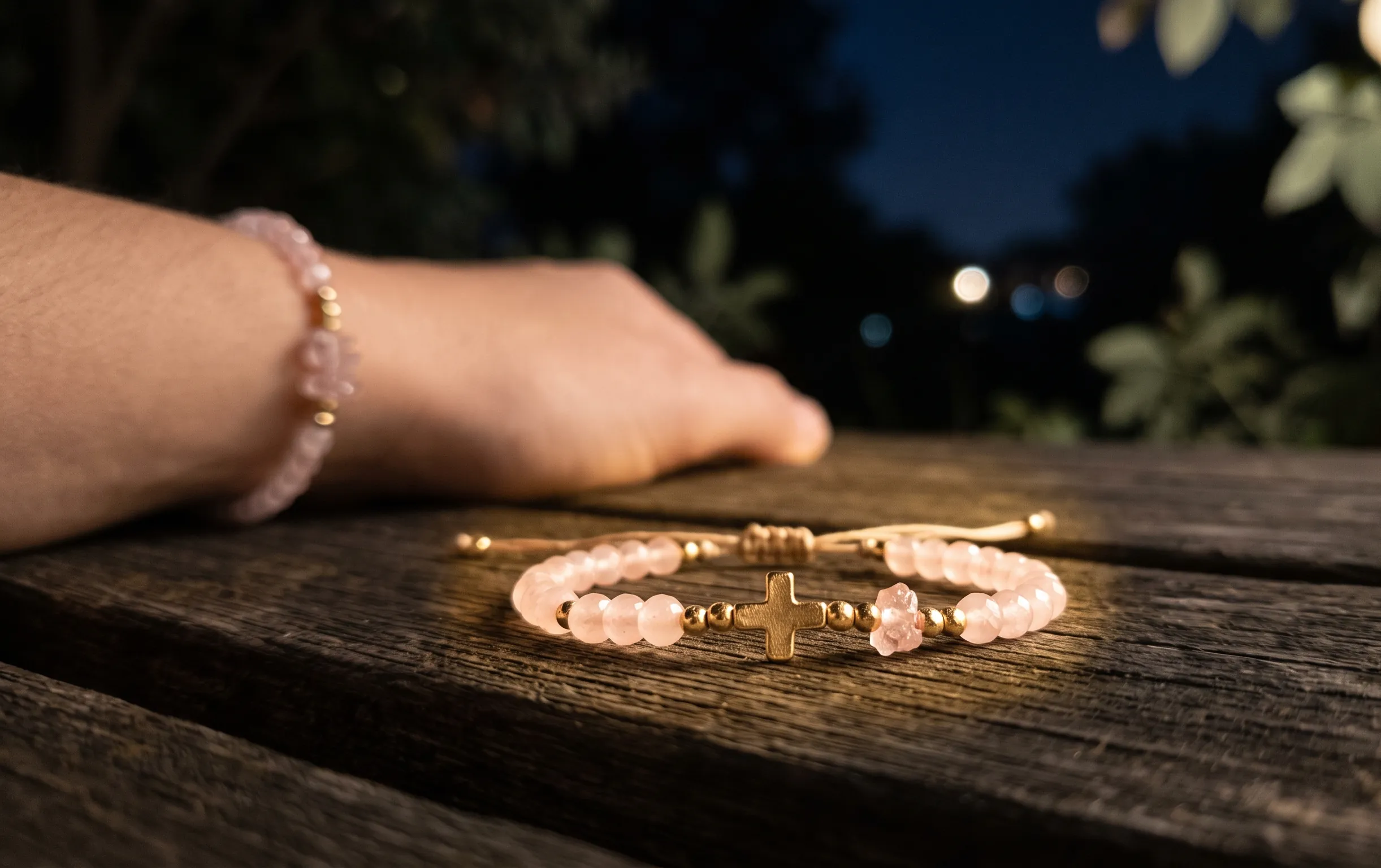 Gros plan sur un bracelet croix en quartz rose délicatement éclairé par une douce lumière lunaire.