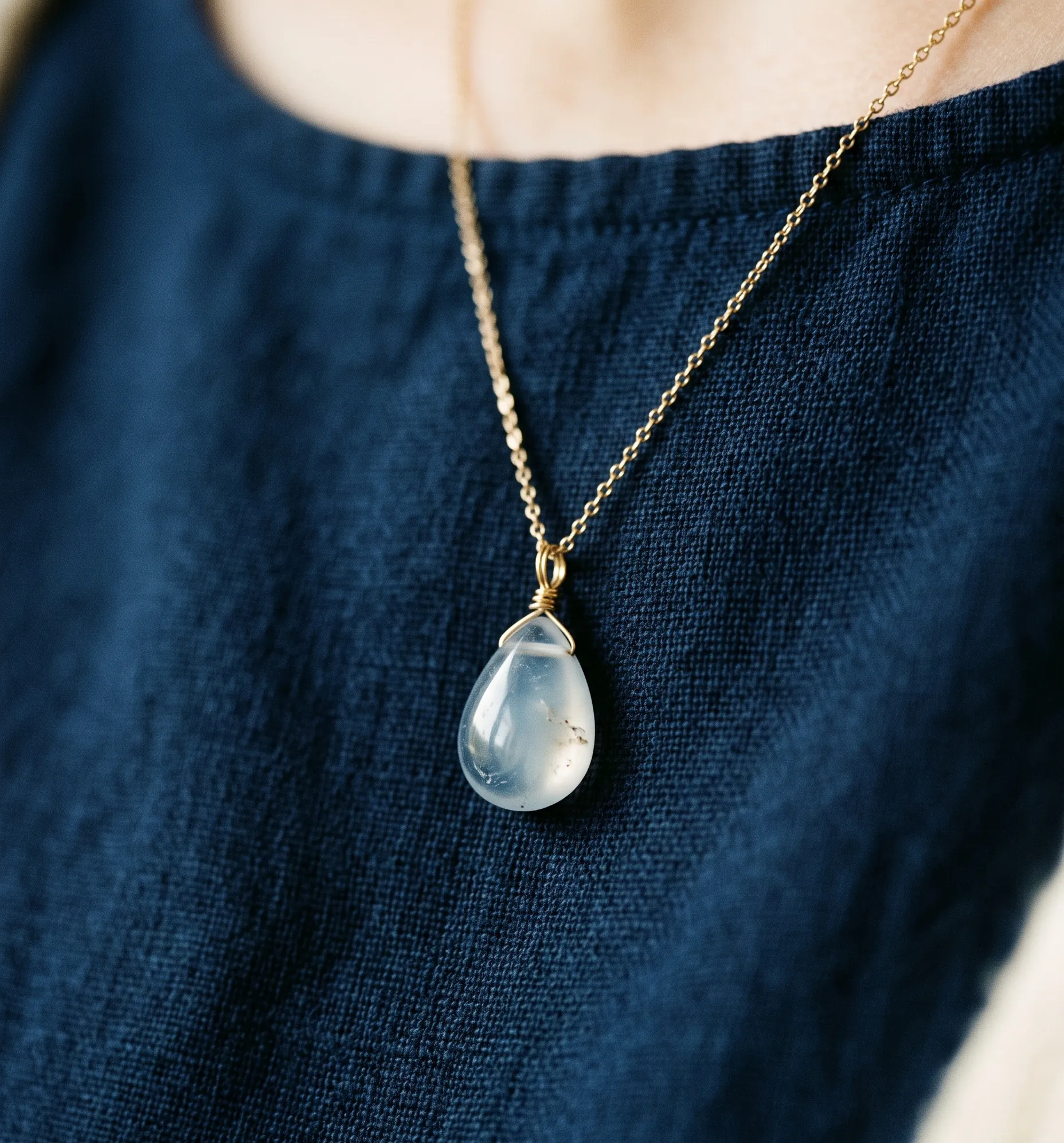 Pendentif en calcédoine bleue capturant la lumière douce d'un halo lunaire doré.