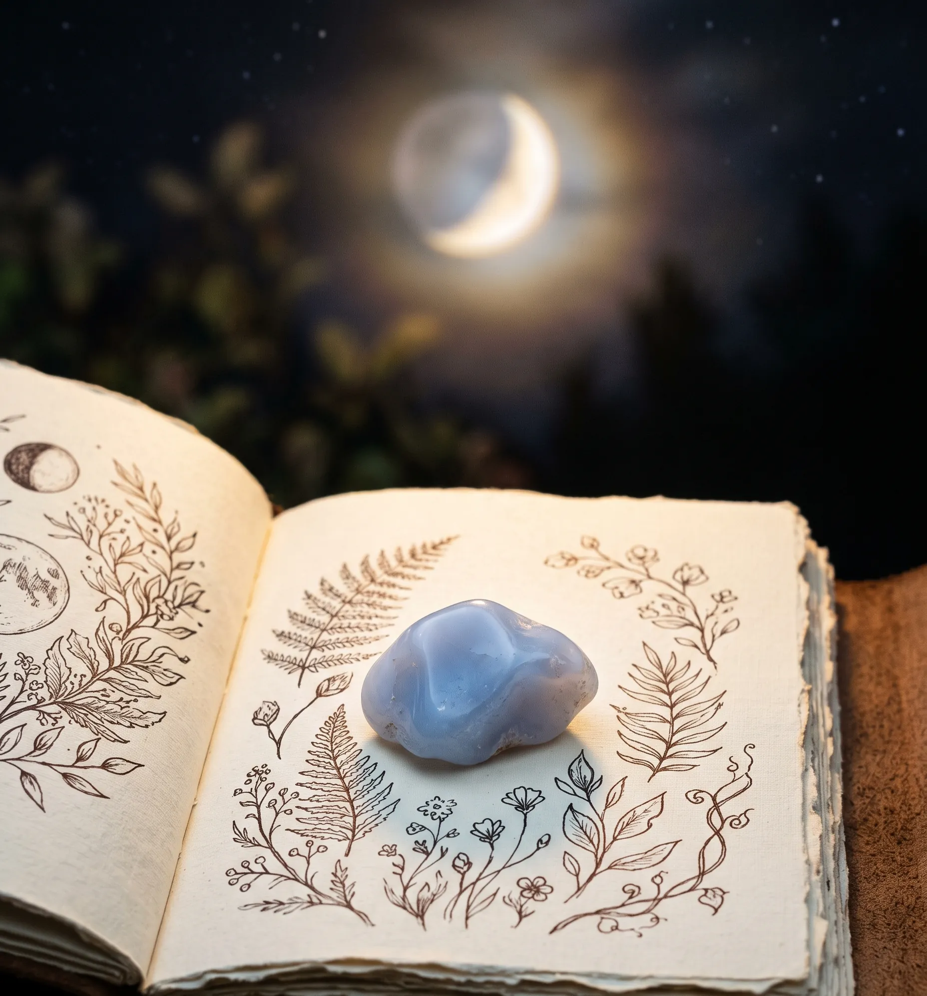 Pierre de calcédoine bleu tendre posée sur un carnet ouvert dans une ambiance douce et lunaire.