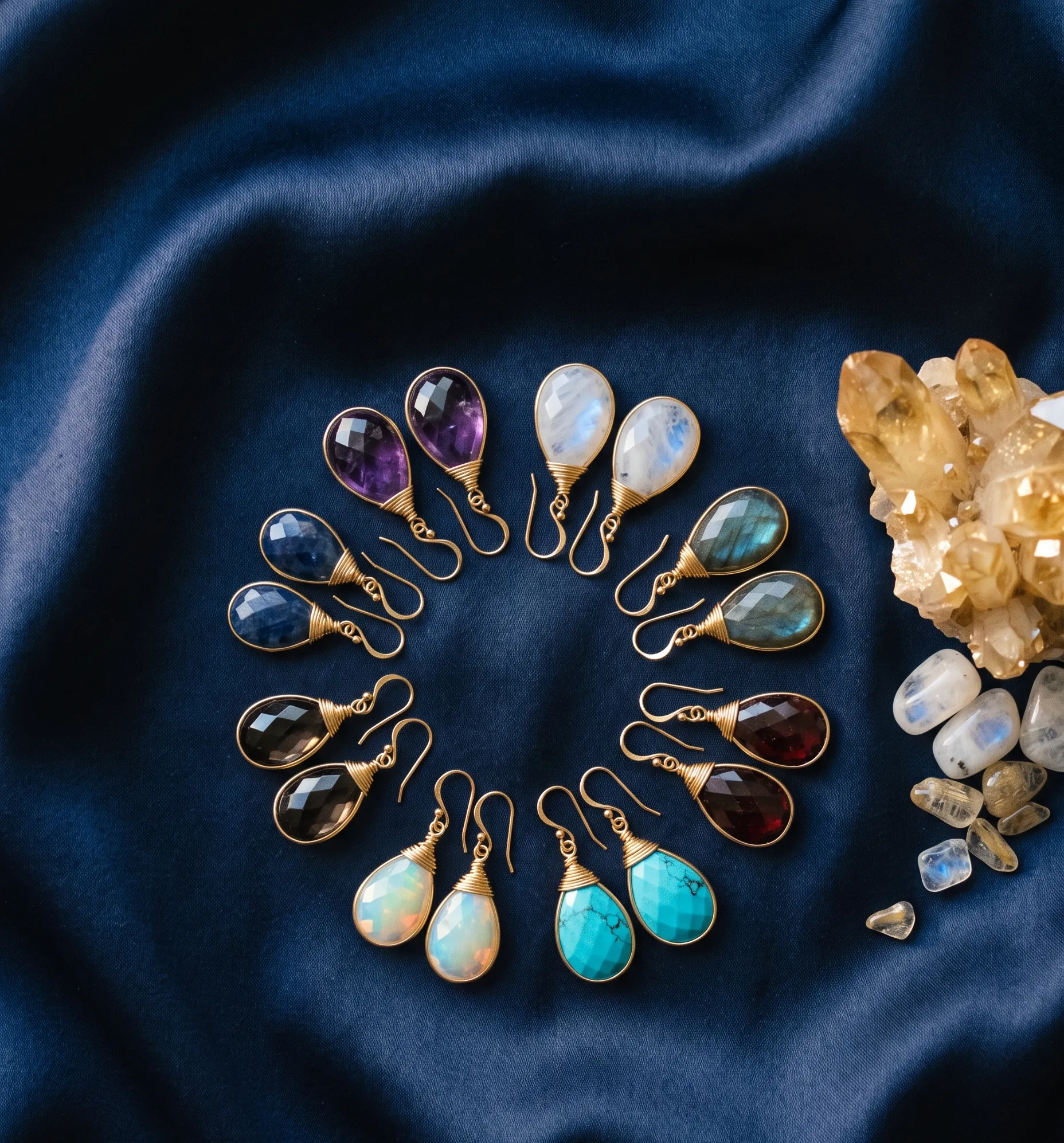 Assortiment de boucles d'oreilles en pierres fines disposées harmonieusement pour un choix intuitif