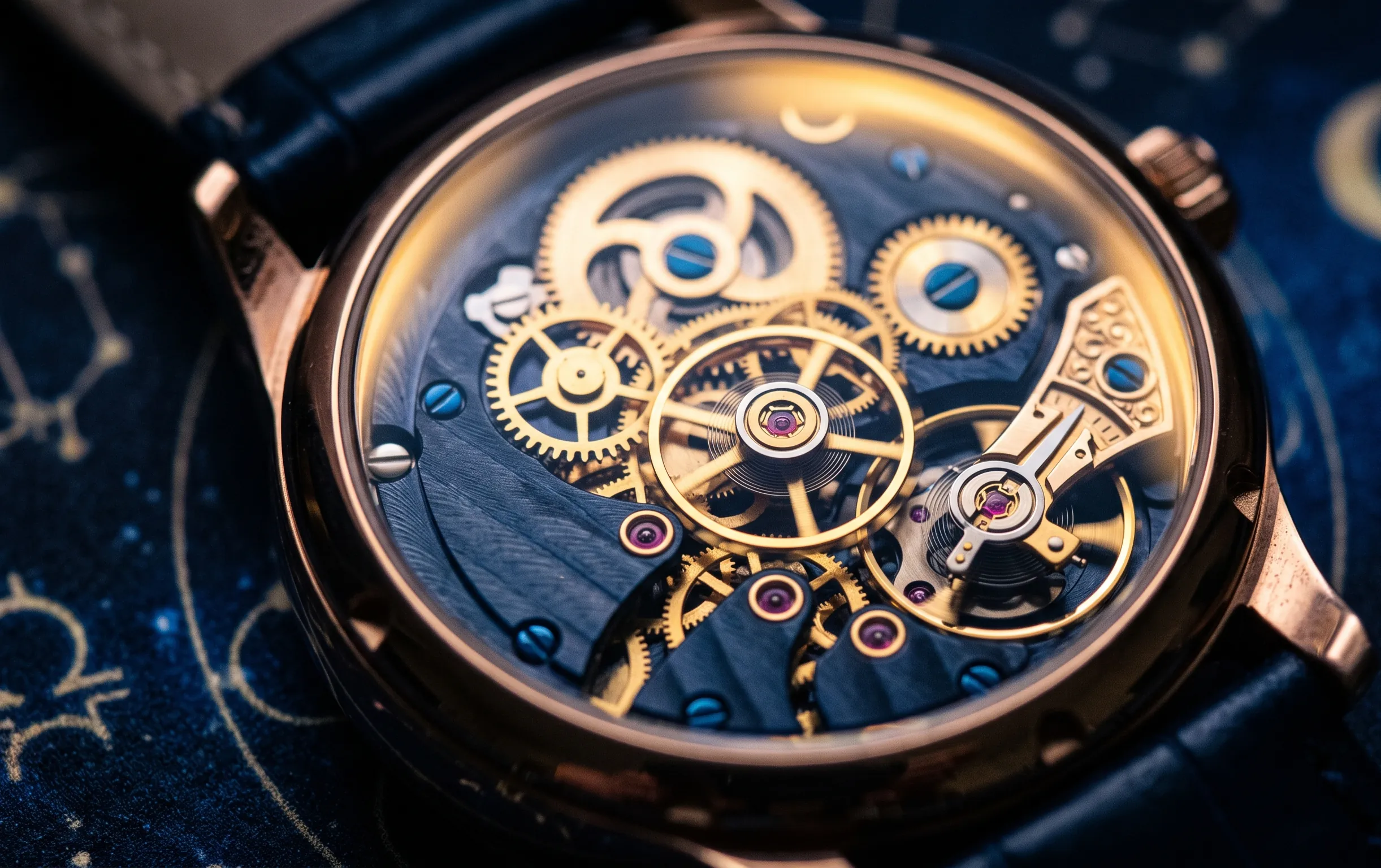 Gros plan macro sur le mouvement mécanique complexe d'une montre de luxe avec un éclairage doré.