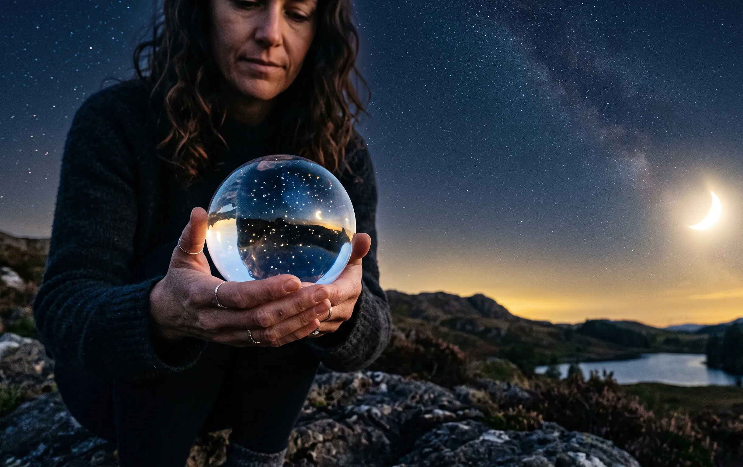 boule de crystal : Une boule de cristal capturant des reflets célestes dans une ambiance nocturne feutrée
