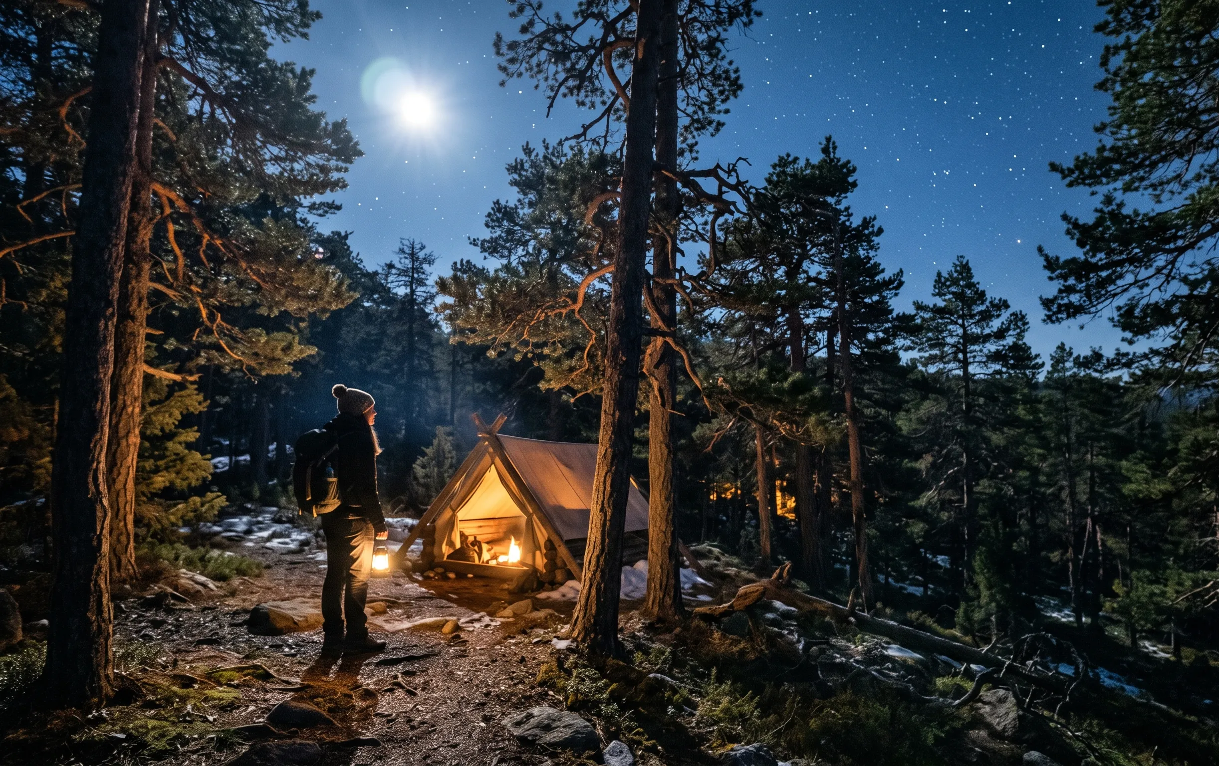 animal totem le loup : Une forêt de pins mystérieuse baignée dans une douce lumière nocturne et lunaire