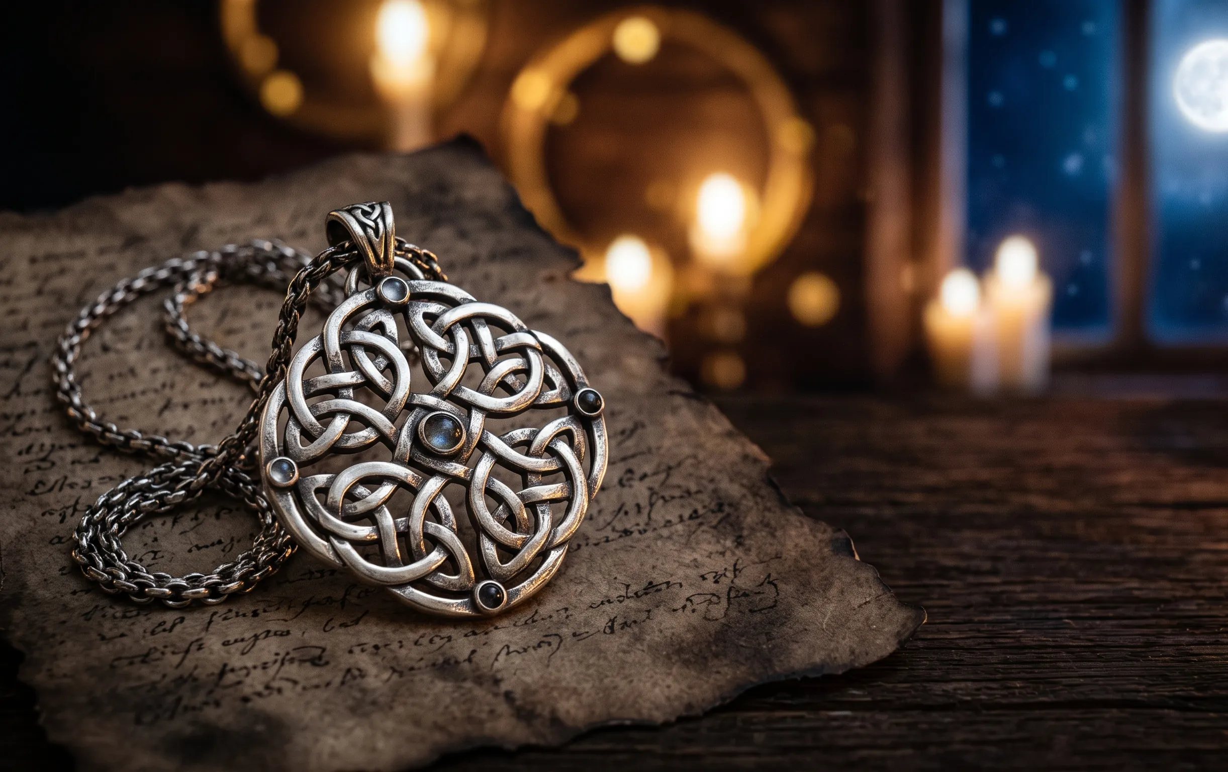 noeud de sorcière : Une amulette en argent représentant un nœud de sorcière posée sur un parchemin ancien