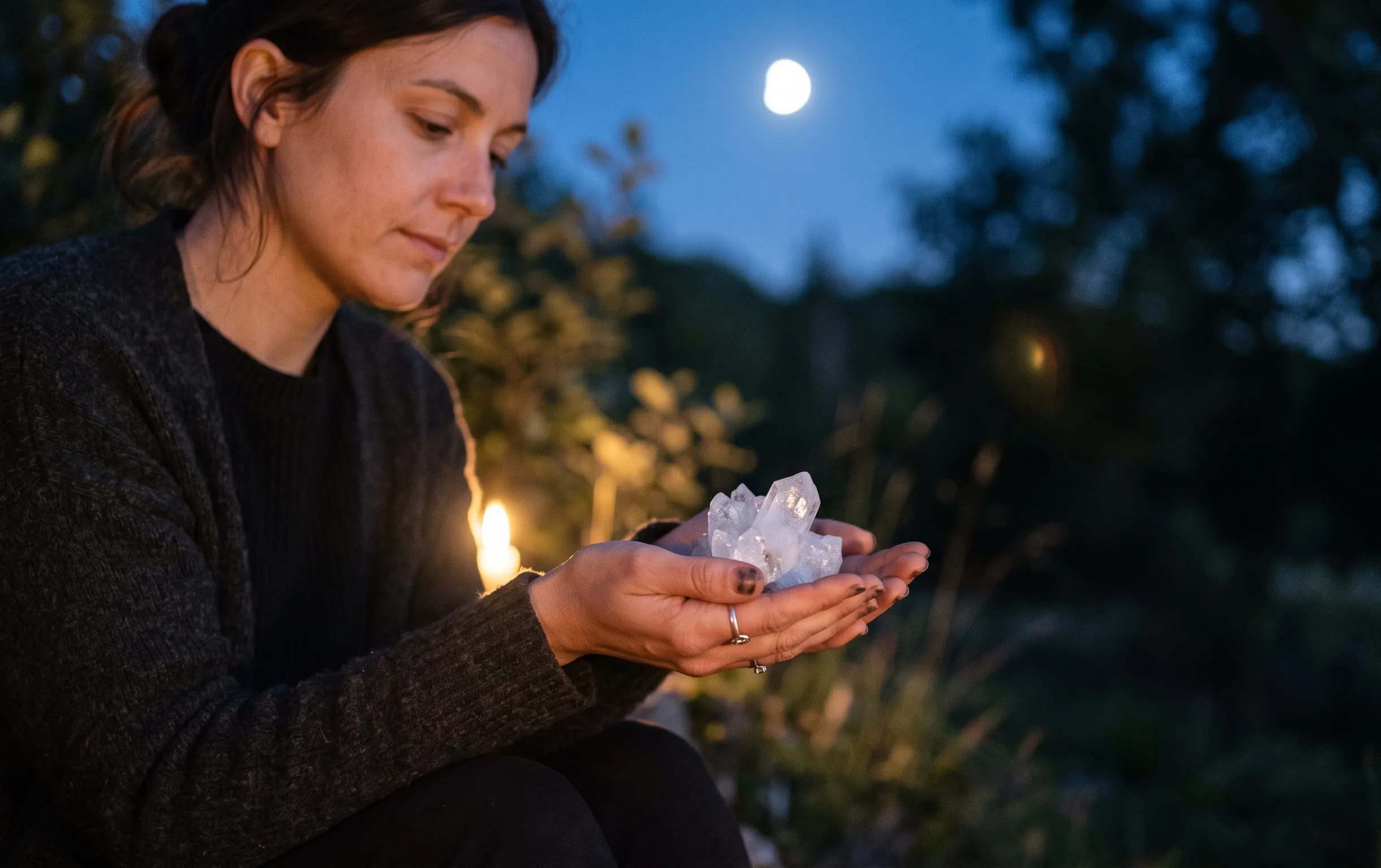 Un quartz brut tenu délicatement dans les mains sous un doux éclairage lunaire