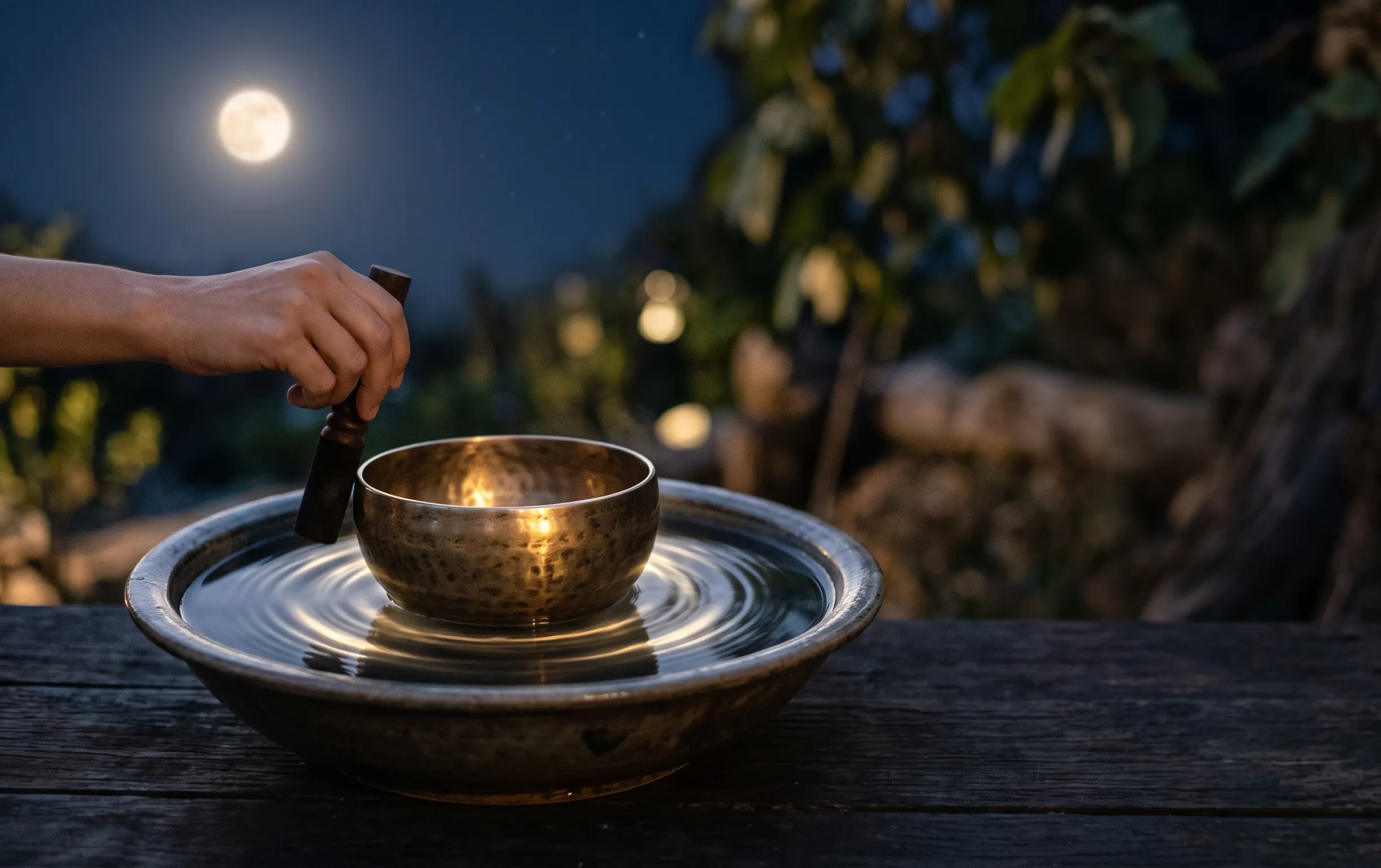 Un bol chantant tibétain entouré d'ondes vibratoires douces sous un halo lunaire