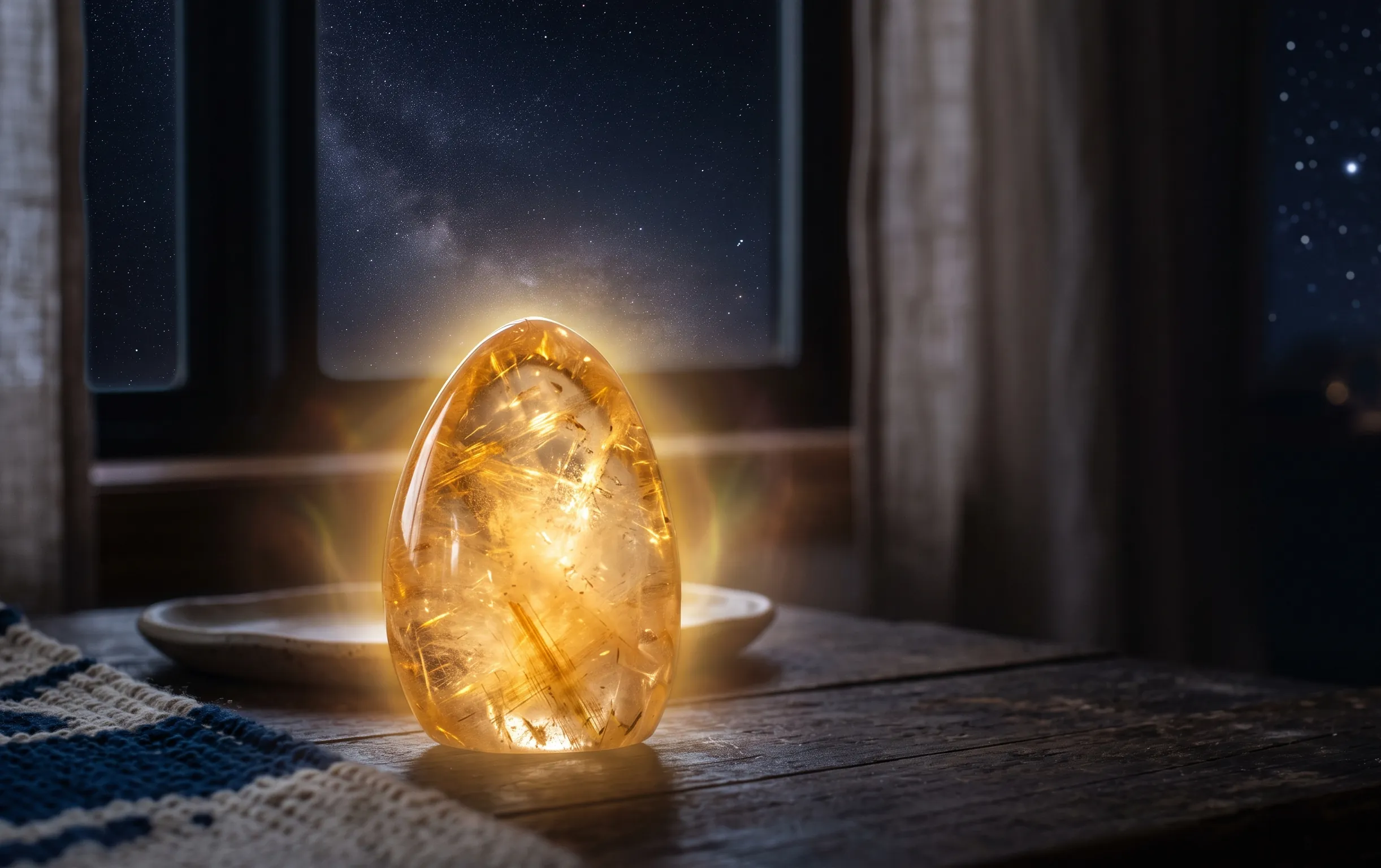 plexus solaire : Un quartz doré brille intensément dans une ambiance céleste et apaisante