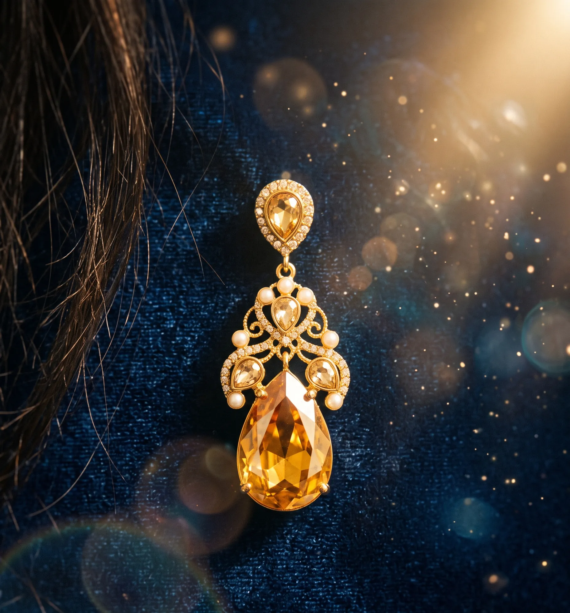 Cristal vibrant en forme de goutte capturant une douce lumière dorée