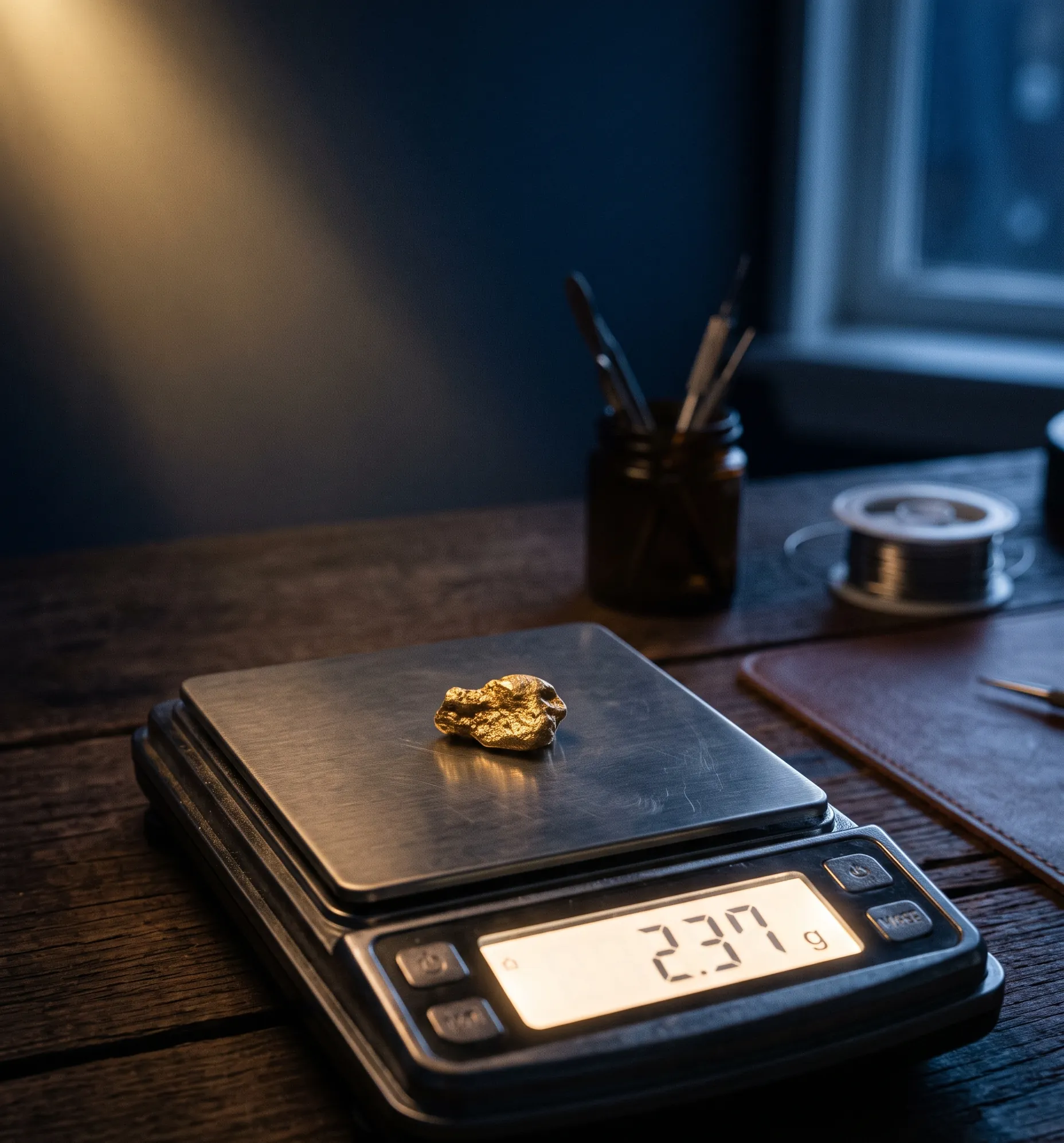 Balance de précision évaluant l'estimation et le prix d'un fragment d'or dentaire.