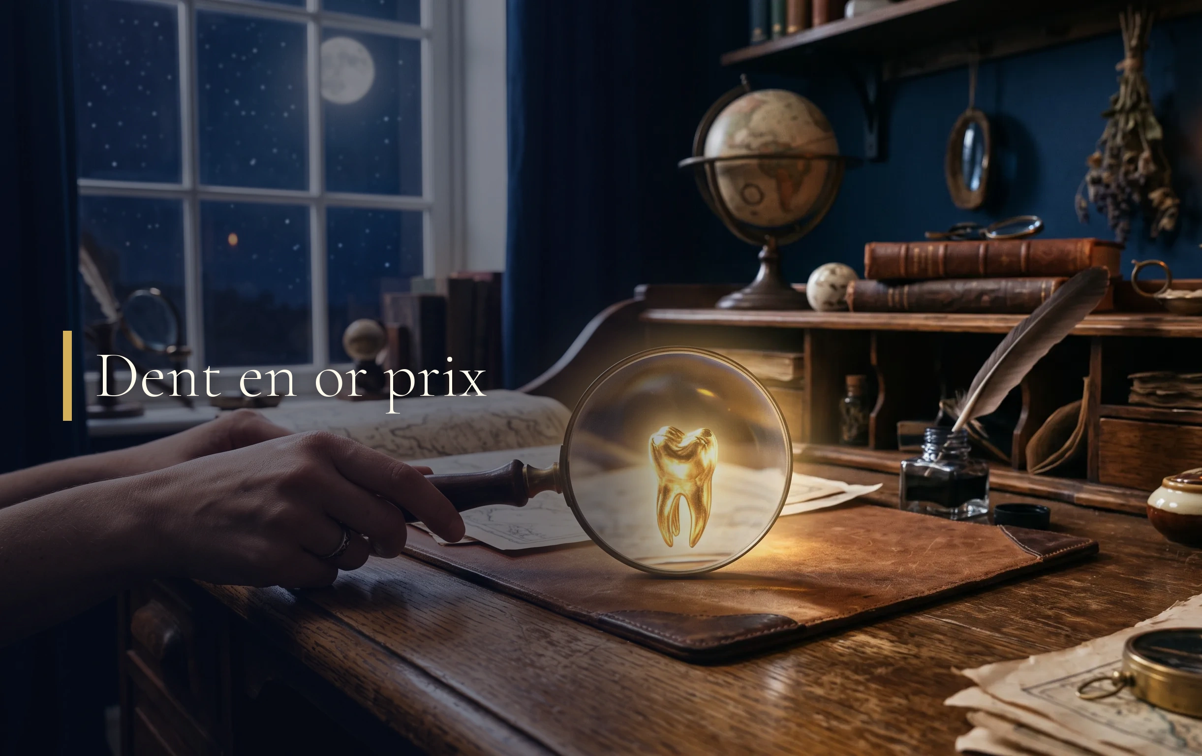 Mise en avant illustrant l'estimation et le rachat d'une dent en or sous une douce lumière lunaire.