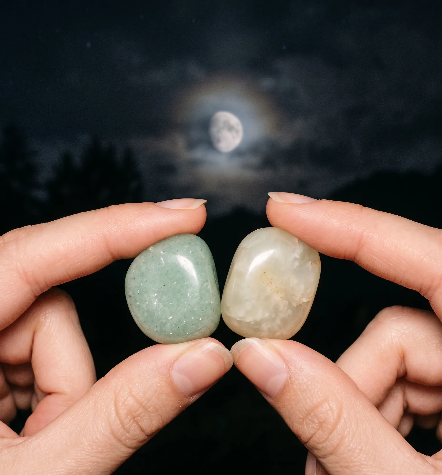 Gros plan sur la douceur tactile de l'aventurine et du jade tenus entre les doigts sous une lumière lunaire.