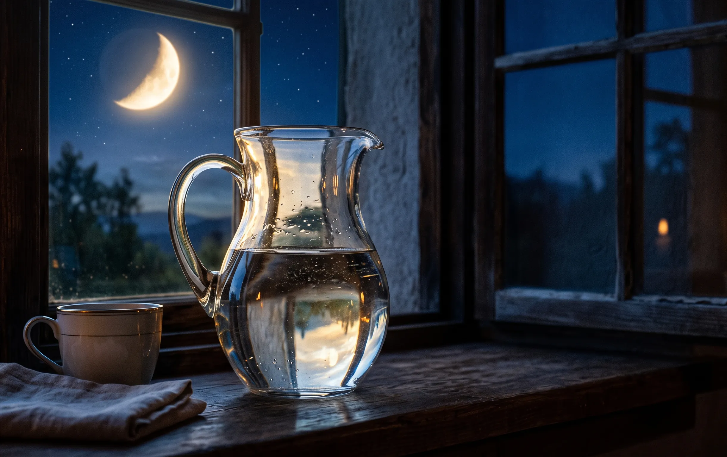 eau magnétisée : Une carafe en verre transparent diffuse une lueur apaisante et lumineuse