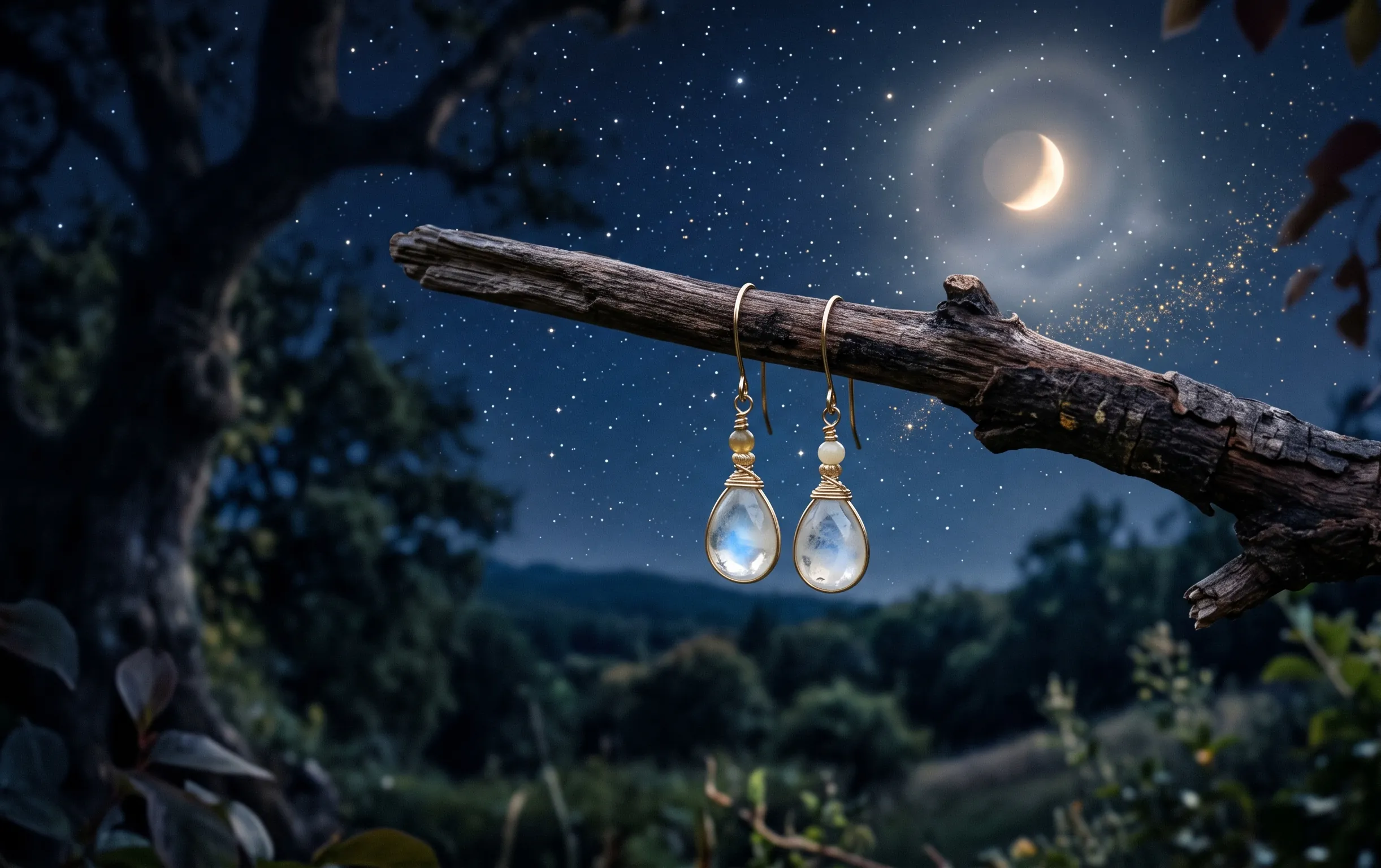 Main tenant délicatement des boucles d'oreilles en goutte au-dessus d'une eau miroitante