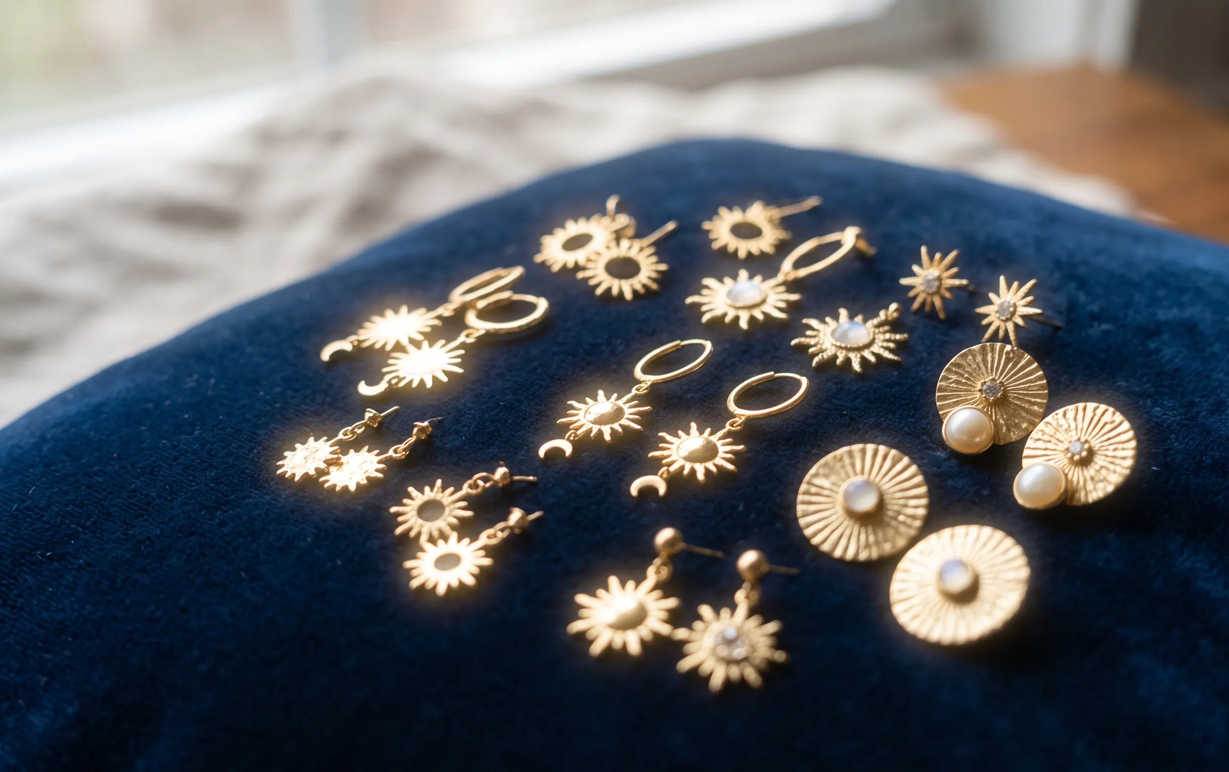 boucle d oreille soleil : Galerie de superbes boucles d'oreilles soleil dorées disposées sur un fond de velours bleu nuit.