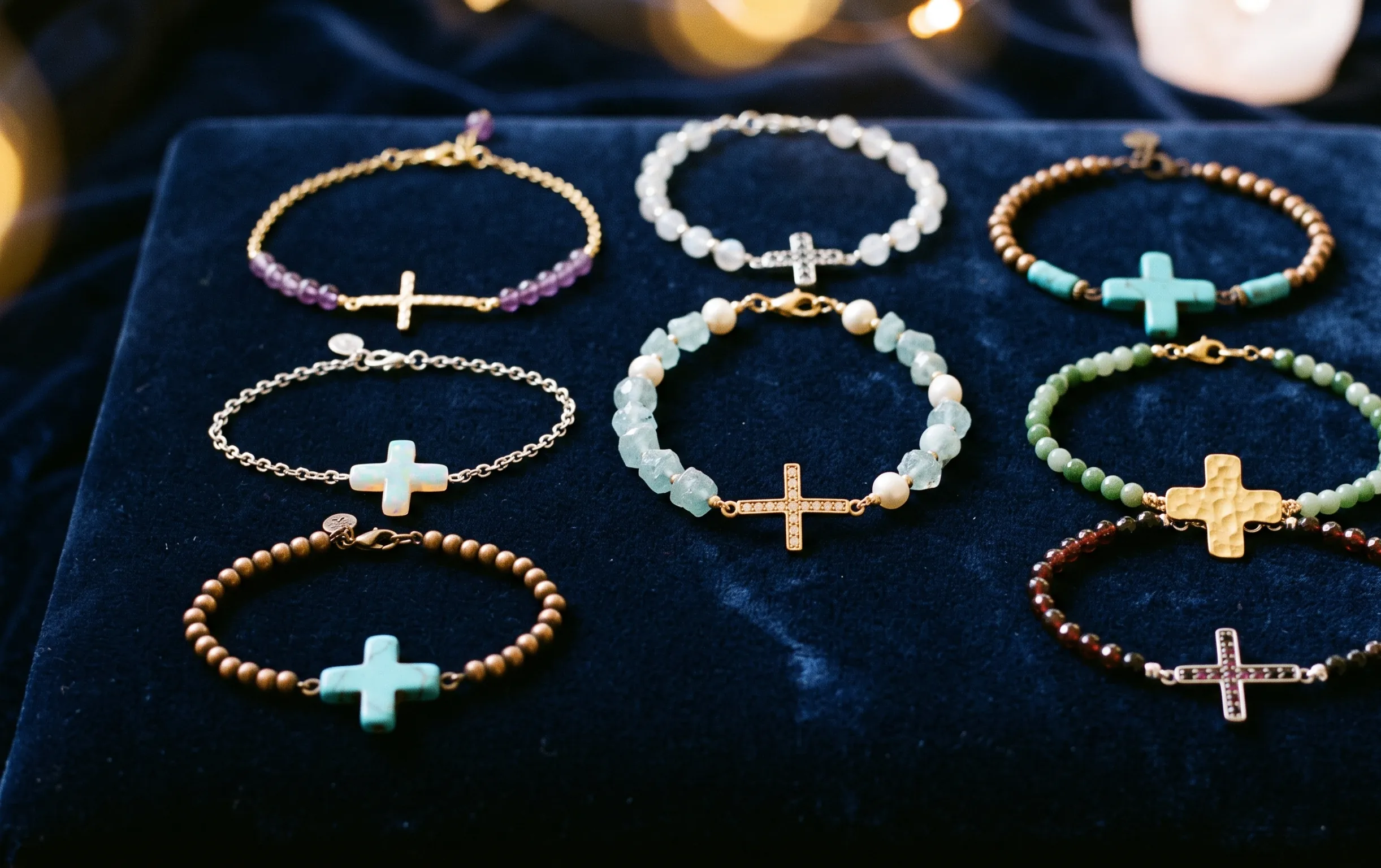 bracelet croix : Galerie de présentation de plusieurs modèles de bracelets croix aux pierres fines sur fond de velours bleu nuit.