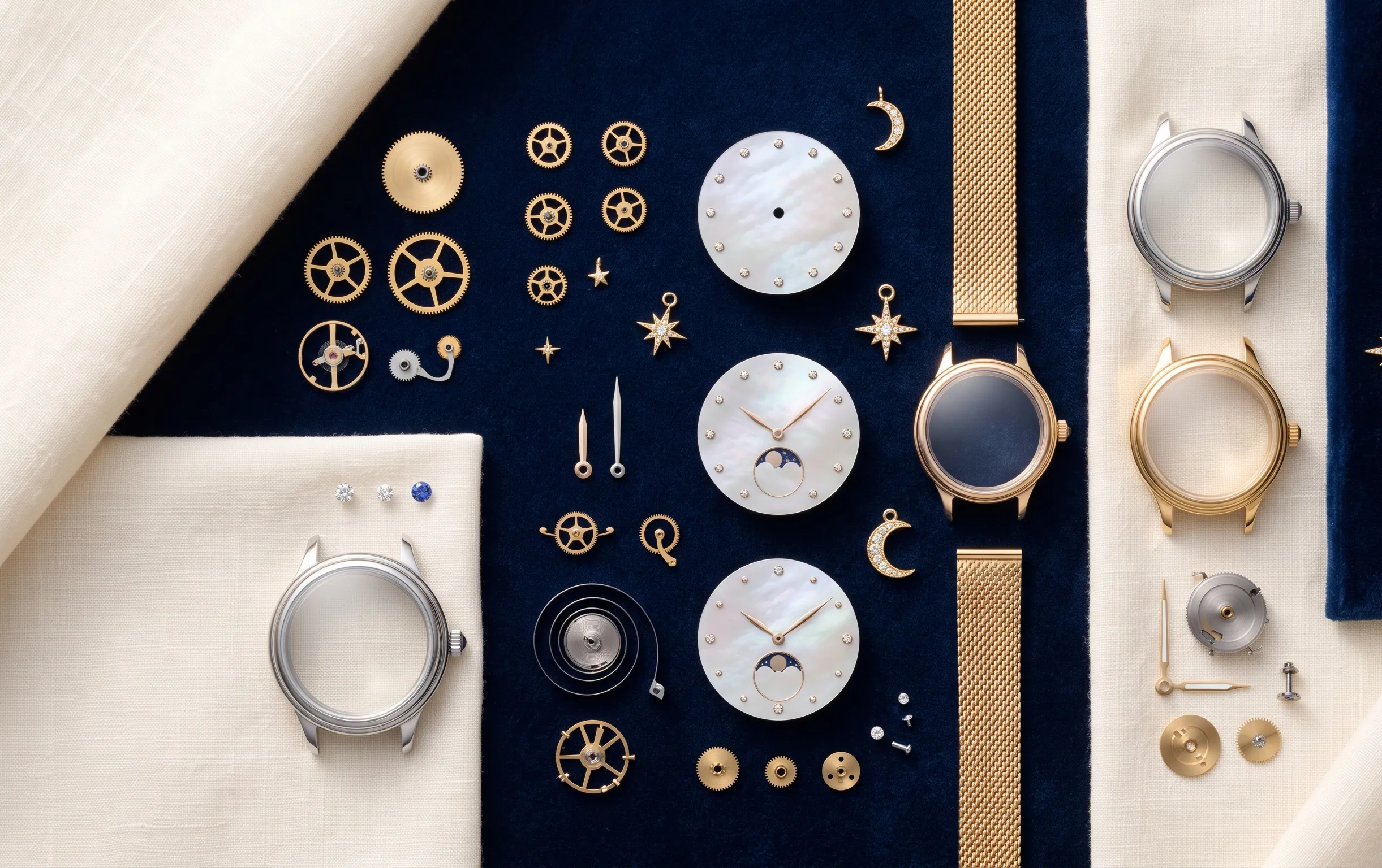 montre femme luxe : Galerie d'éléments de montres de luxe pour femme avec des cadrans en nacre et des engrenages dorés.
