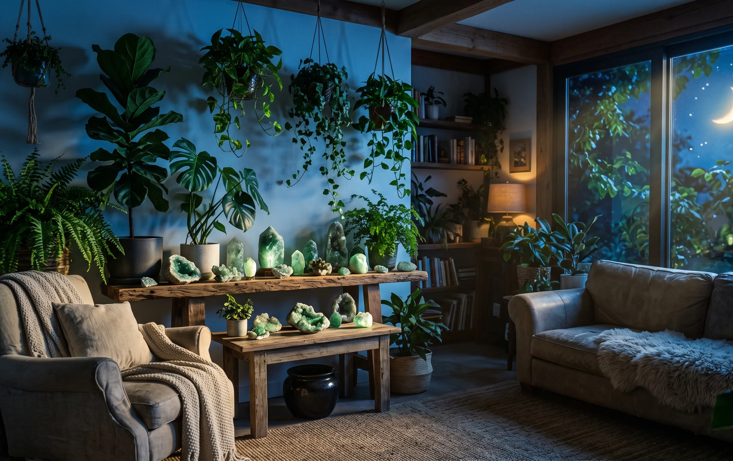Décoration intérieure poétique alliant plantes vertes et cristaux lumineux pour exprimer l'harmonie et le renouveau.