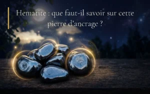 Des pierres d'hématite aux reflets métalliques capturant la douce lumière lunaire