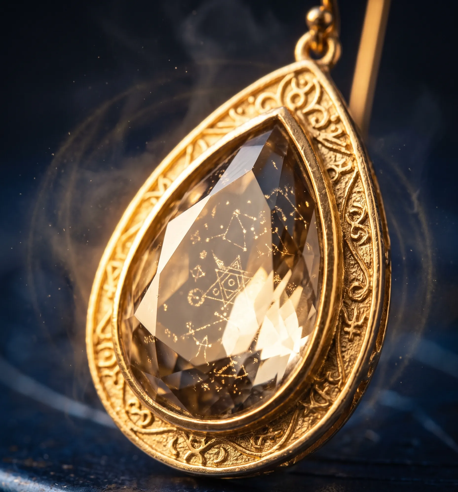Détail d'une monture en or sur une boucle d'oreille goutte amplifiant la vibration du cristal