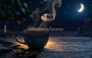 Une tasse fumante diffuse une lueur dorée pour une infusion relaxante propice au lâcher prise