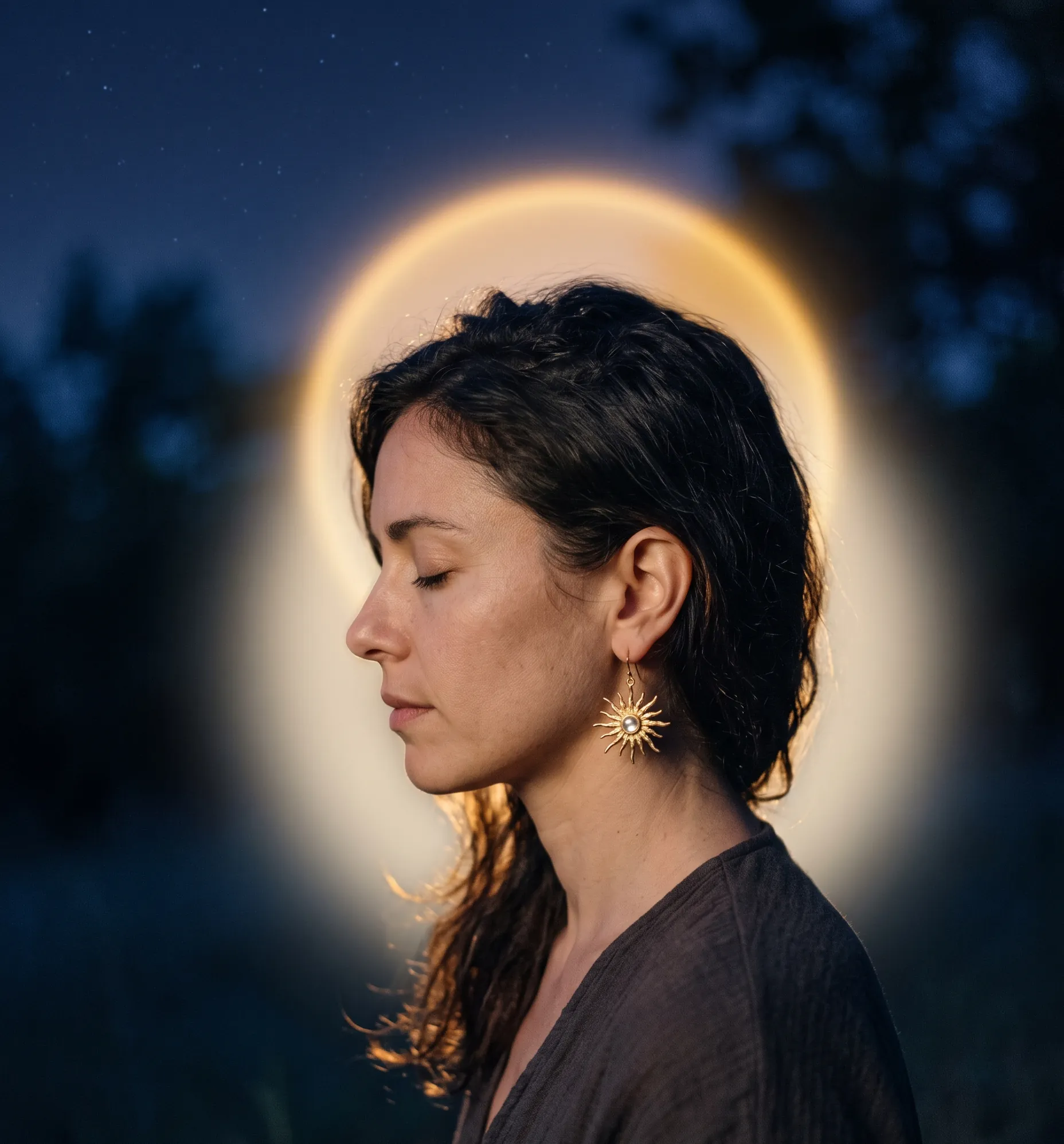 Personne méditant paisiblement en portant une boucle d'oreille soleil en accord avec son intention.