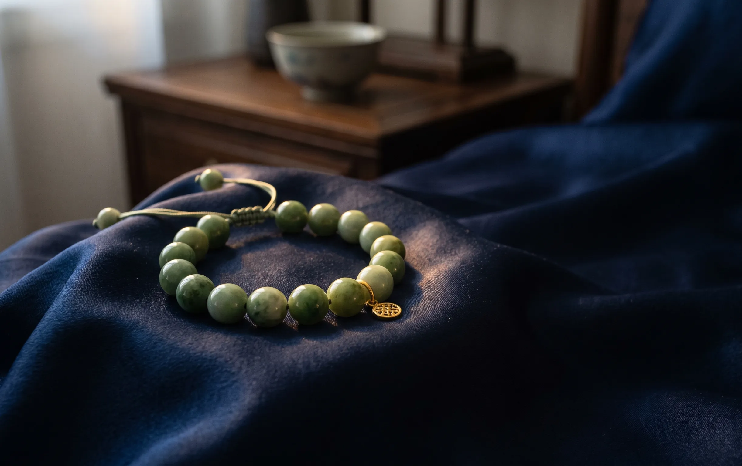 bracelet chinois : Un bracelet de perles de jade traditionnel reposant délicatement sur un tissu de soie