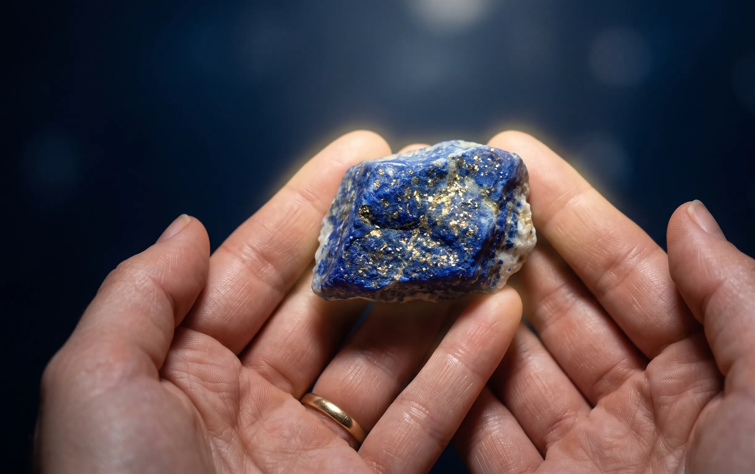 Pierre de lapis-lazuli aux inclusions dorées tenue délicatement dans les mains sous une lumière lunaire.