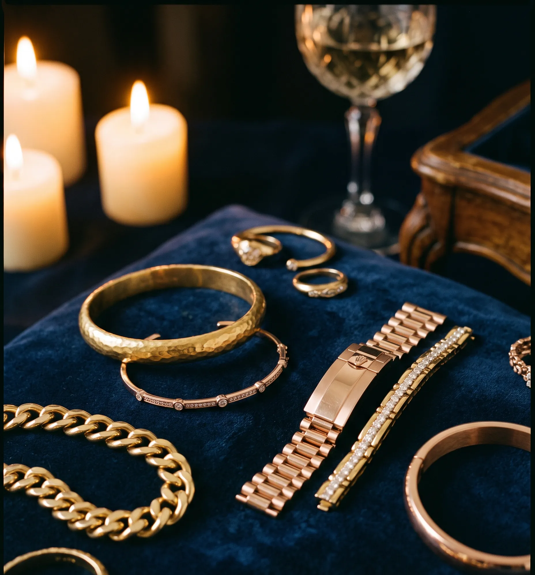 Bracelets de montres de luxe en or jaune et or rose disposés sur un velours bleu nuit.