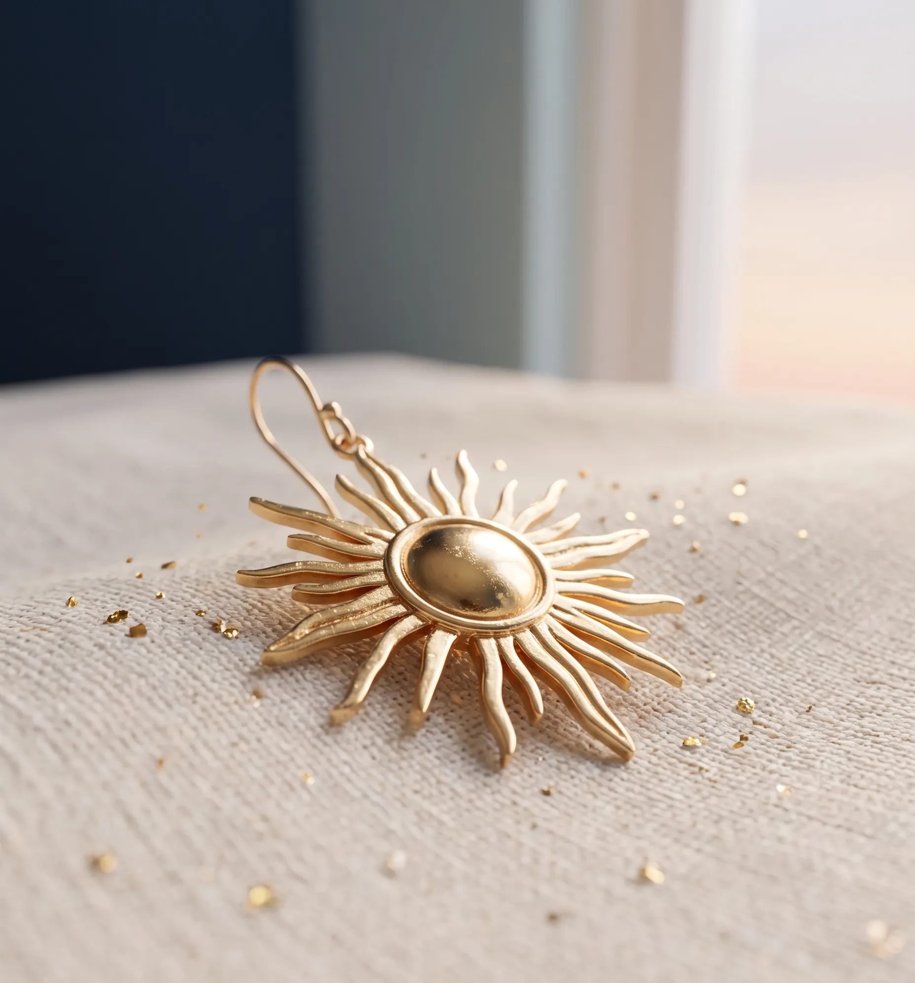 Méthode de recharge douce pour des boucles d'oreilles soleil baignées de lumière matinale.