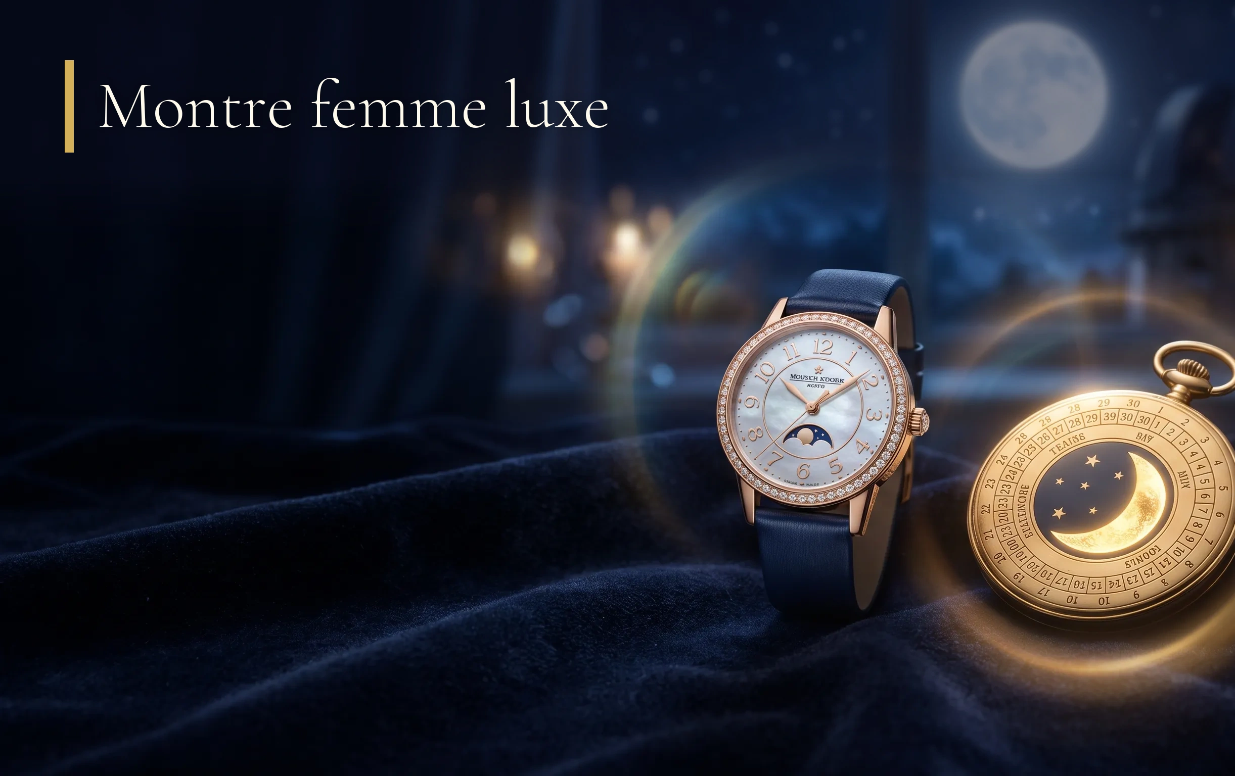 Photographie d'une montre de luxe pour femme sur fond bleu nuit avec des reflets dorés et lunaires.