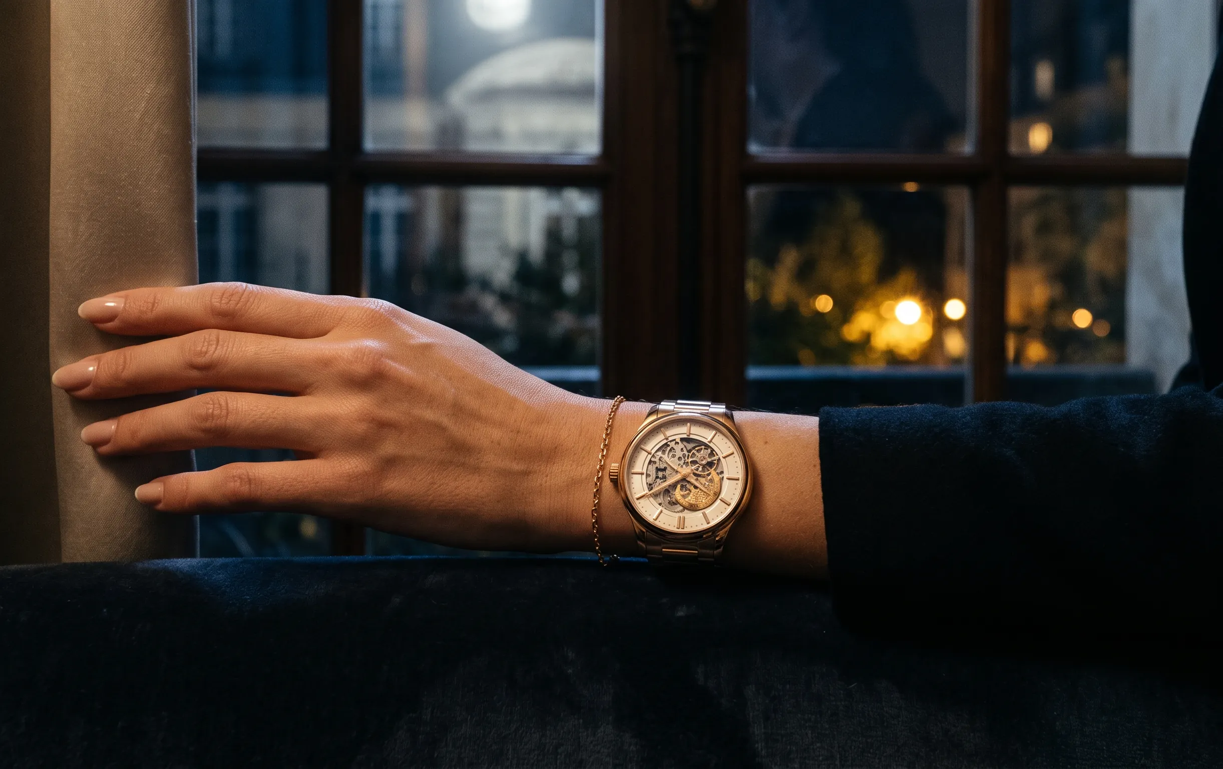 Poignet de femme portant une montre automatique de luxe sous une douce lumière lunaire.