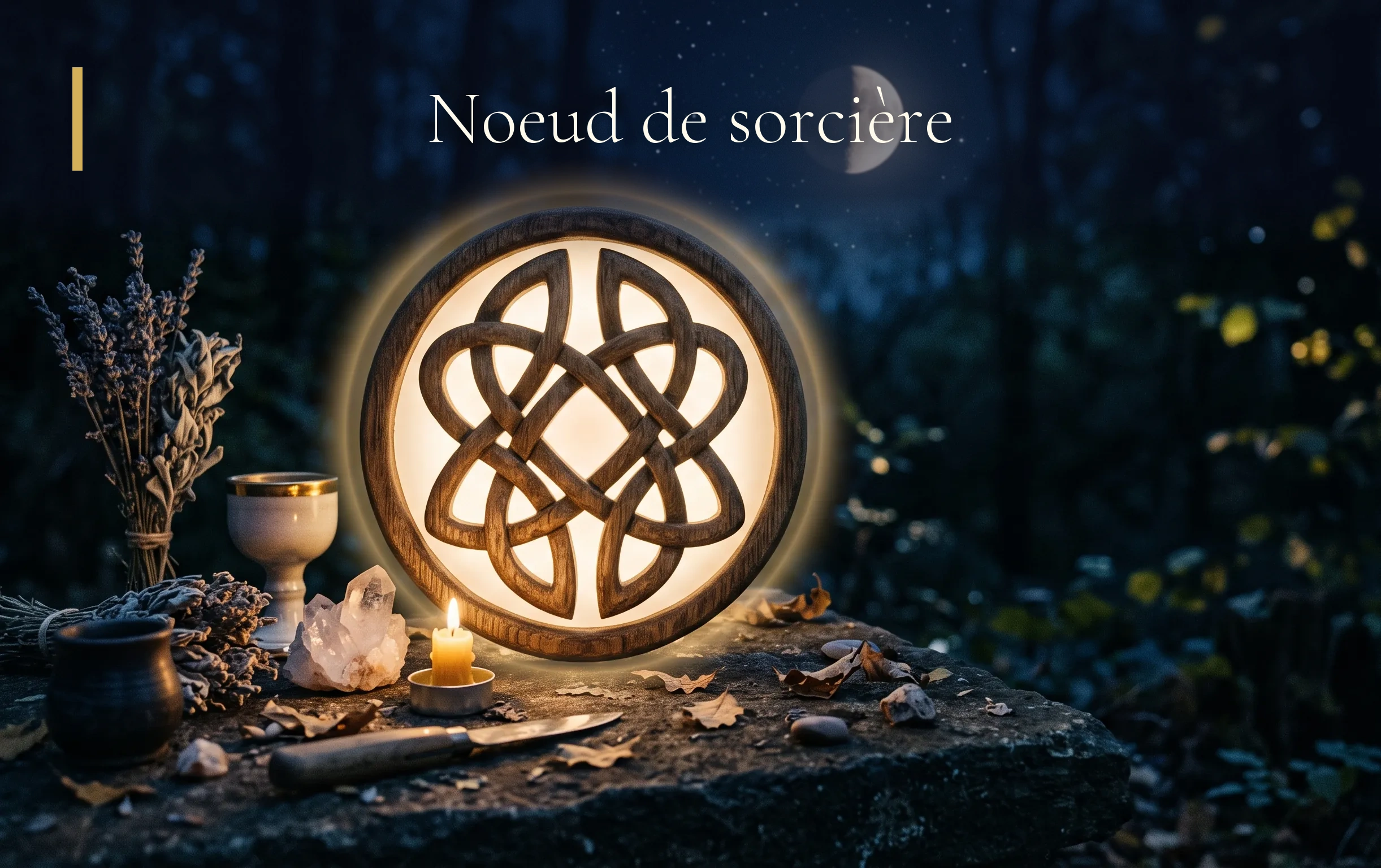 Le symbole du nœud de sorcière finement gravé et illuminé par un halo doré sur fond bleu nuit