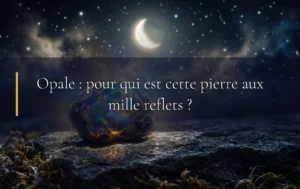 Une opale irisée aux reflets multicolores illuminée par un halo doré sur fond bleu nuit
