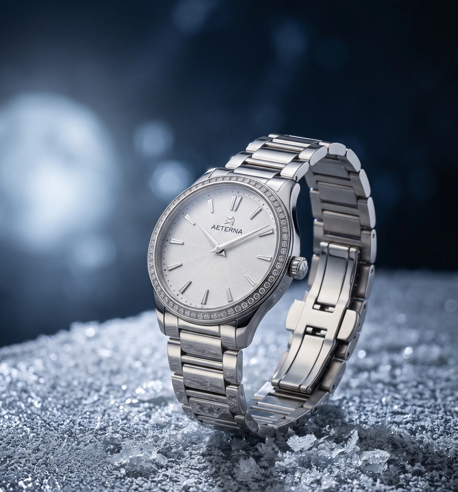 Montre de luxe en or blanc et platine sur un support argenté aux reflets lunaires discrets.