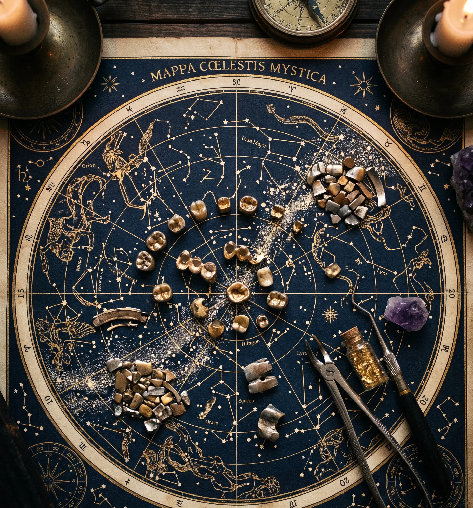 Or dentaire ancien et alliages traditionnels disposés sur une carte céleste mystique.