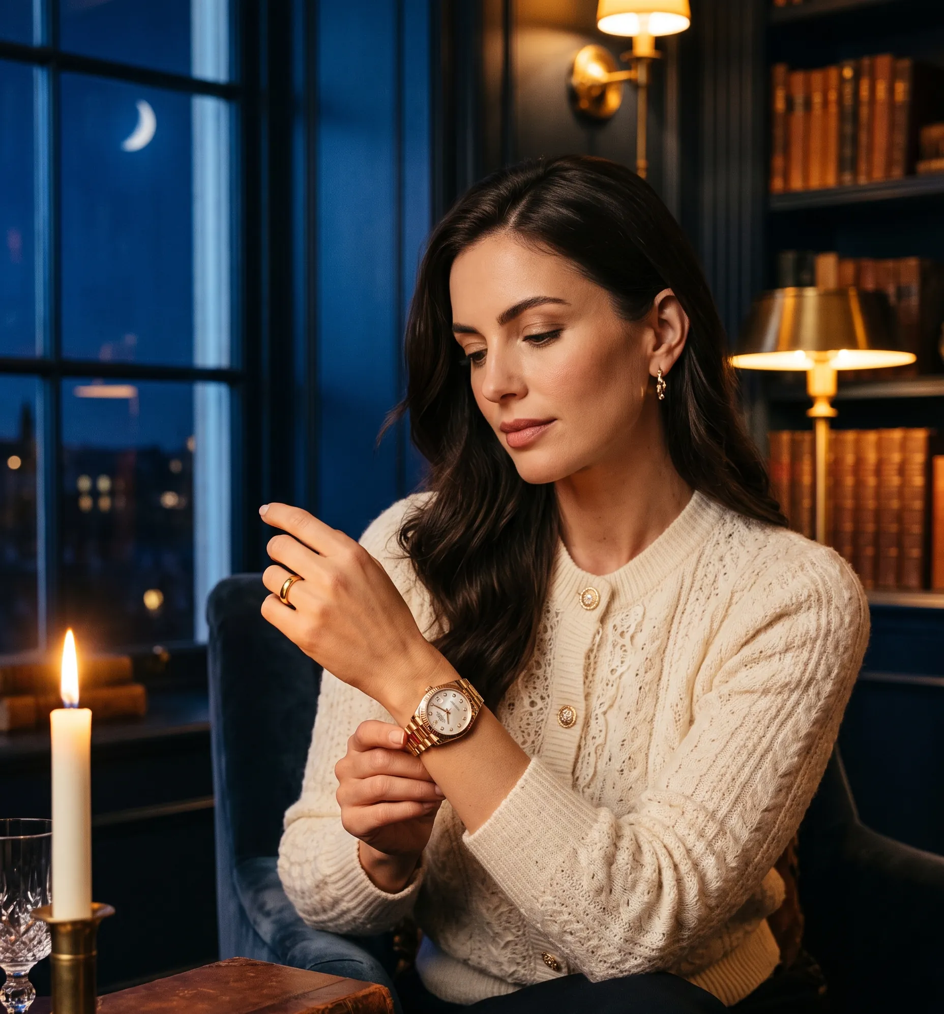Femme élégante portant une montre de luxe en or jaune et rose dans une ambiance chaleureuse.