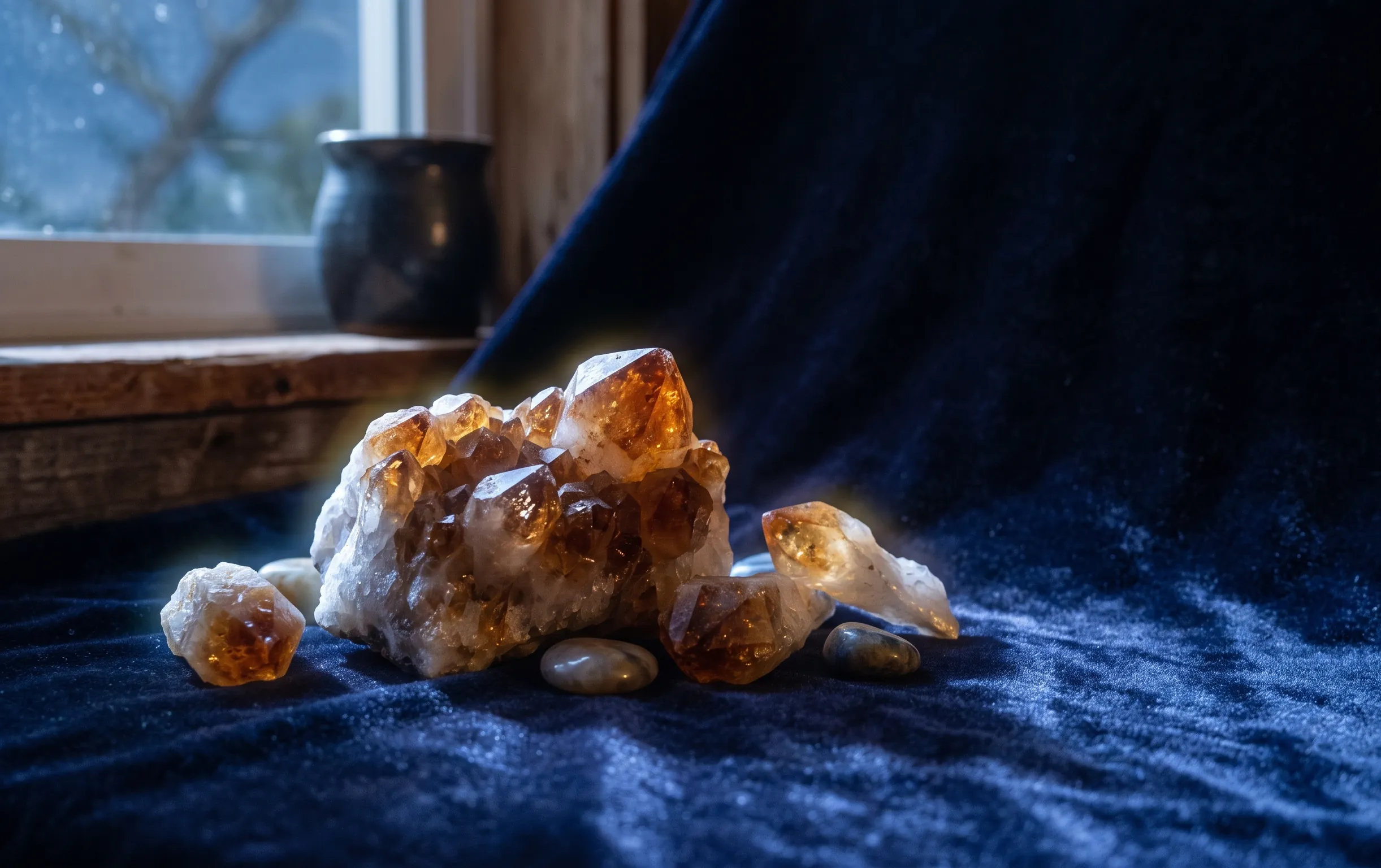 Des brins de cristaux de citrine brute étincellent sous un halo de lumière dorée