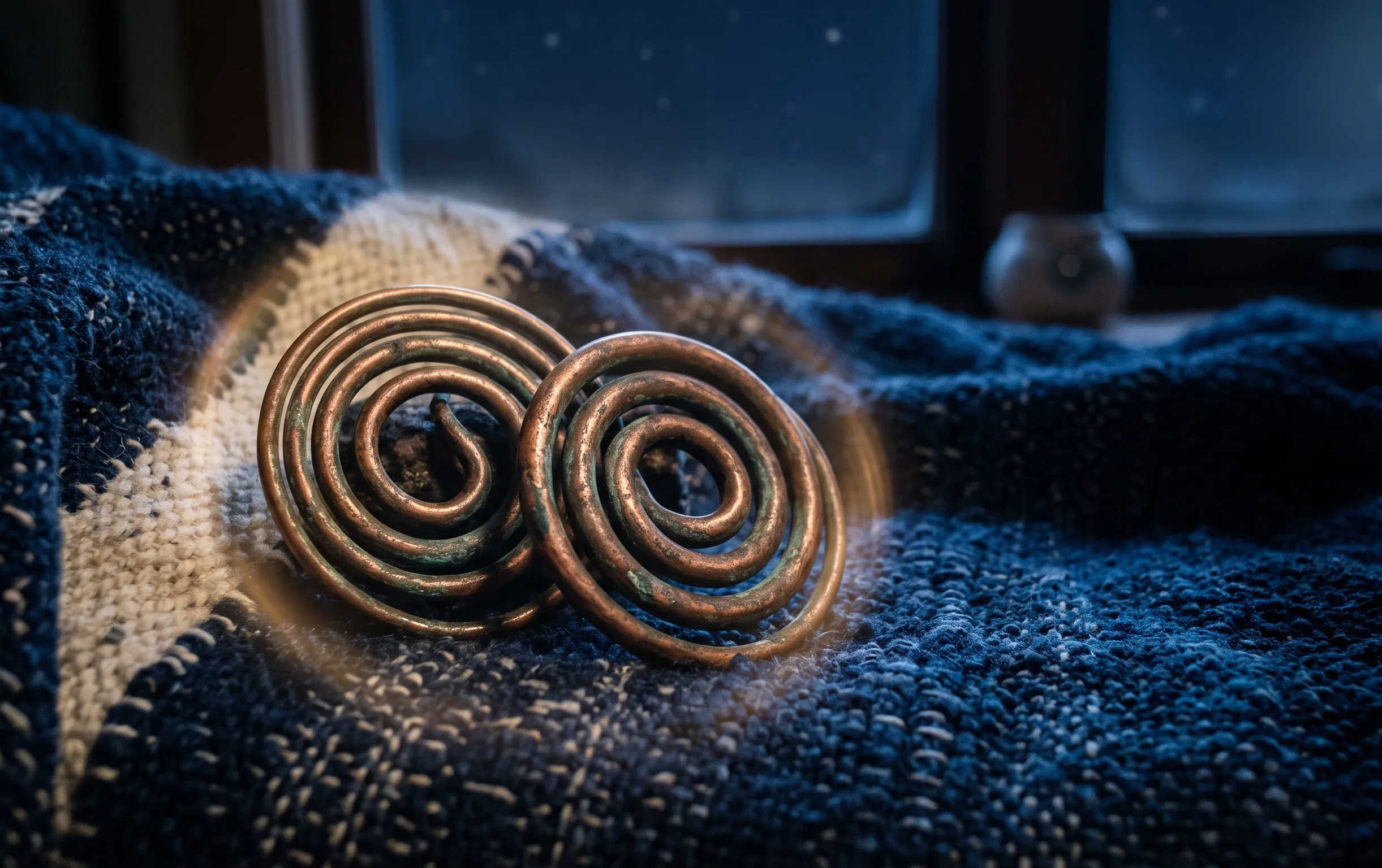 Une bobine de cuivre ancien posée sur un tissu texturé sous une douce lueur lunaire