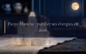 Des cristaux de sélénite blanche éclatants reposant sur un fond bleu nuit sous une lumière lunaire