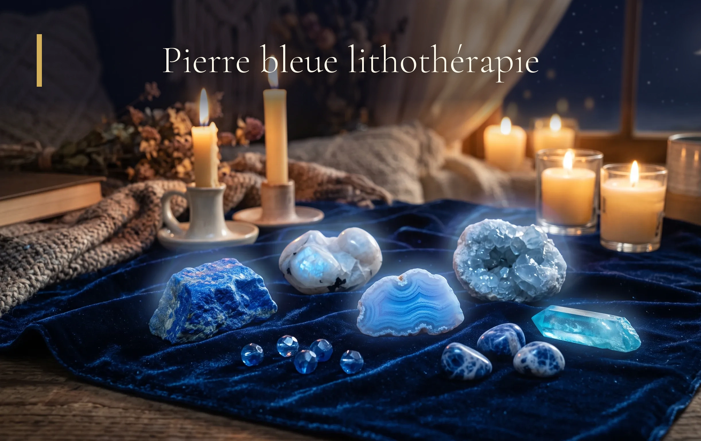 Collection de pierres bleues de lithothérapie disposées sous une douce lumière lunaire dorée sur fond bleu nuit.