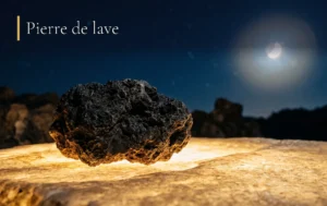 Une pierre de lave volcanique sombre est mise en valeur par un éclairage lunaire