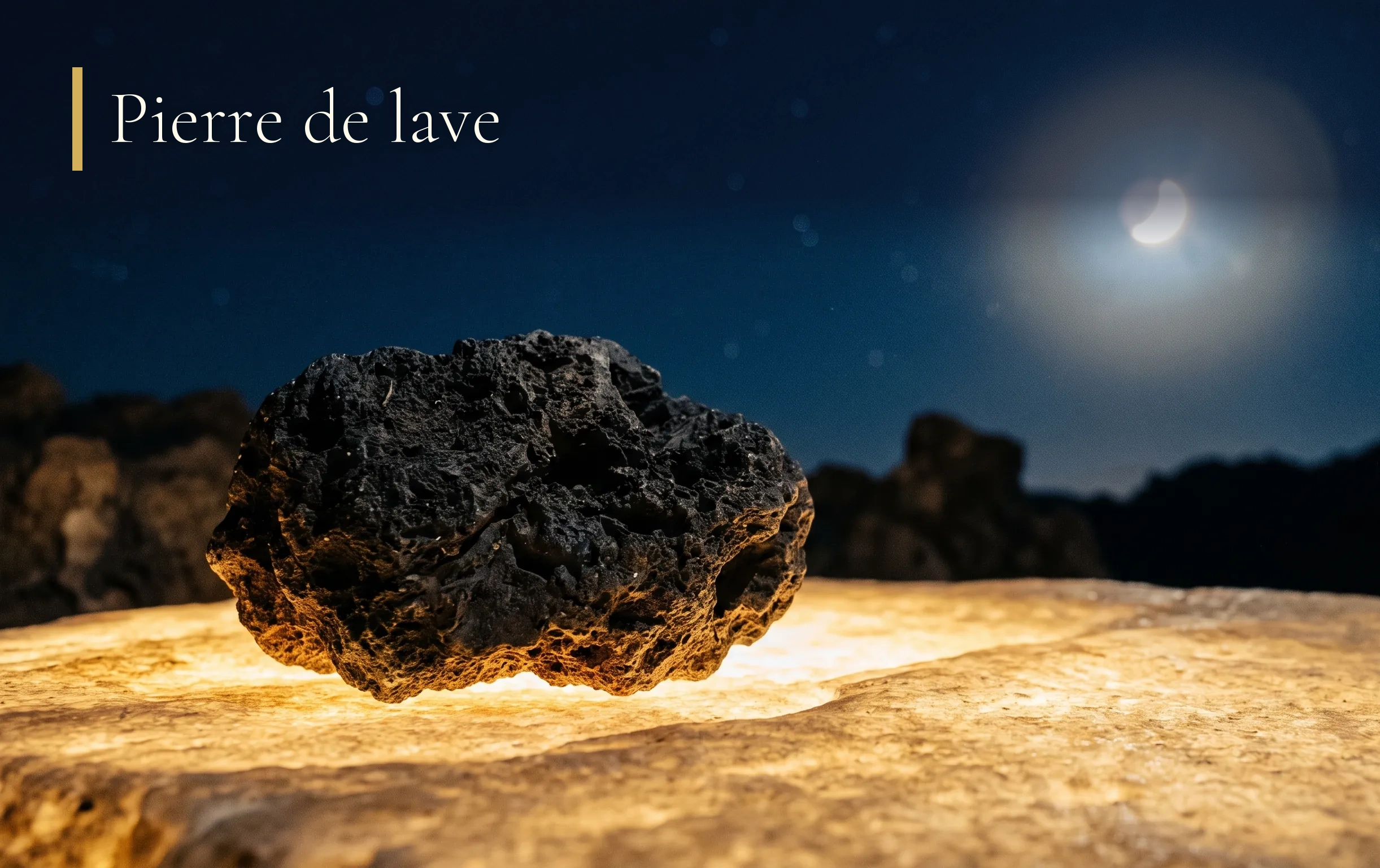 Une pierre de lave volcanique sombre est mise en valeur par un éclairage lunaire