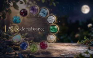 Un assemblage de cristaux de pierre de naissance scintille sous un cercle lunaire