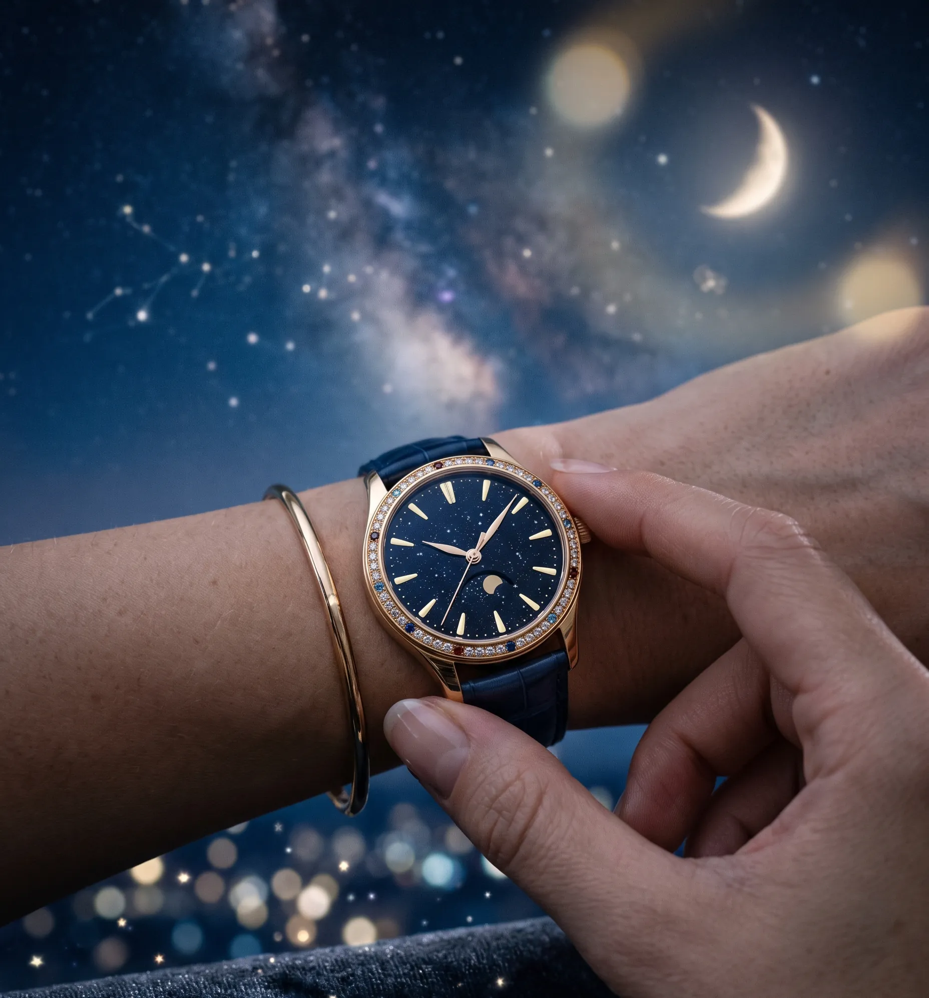 Sertissage délicat de pierres précieuses sur le cadran d'une montre de luxe pour femme.